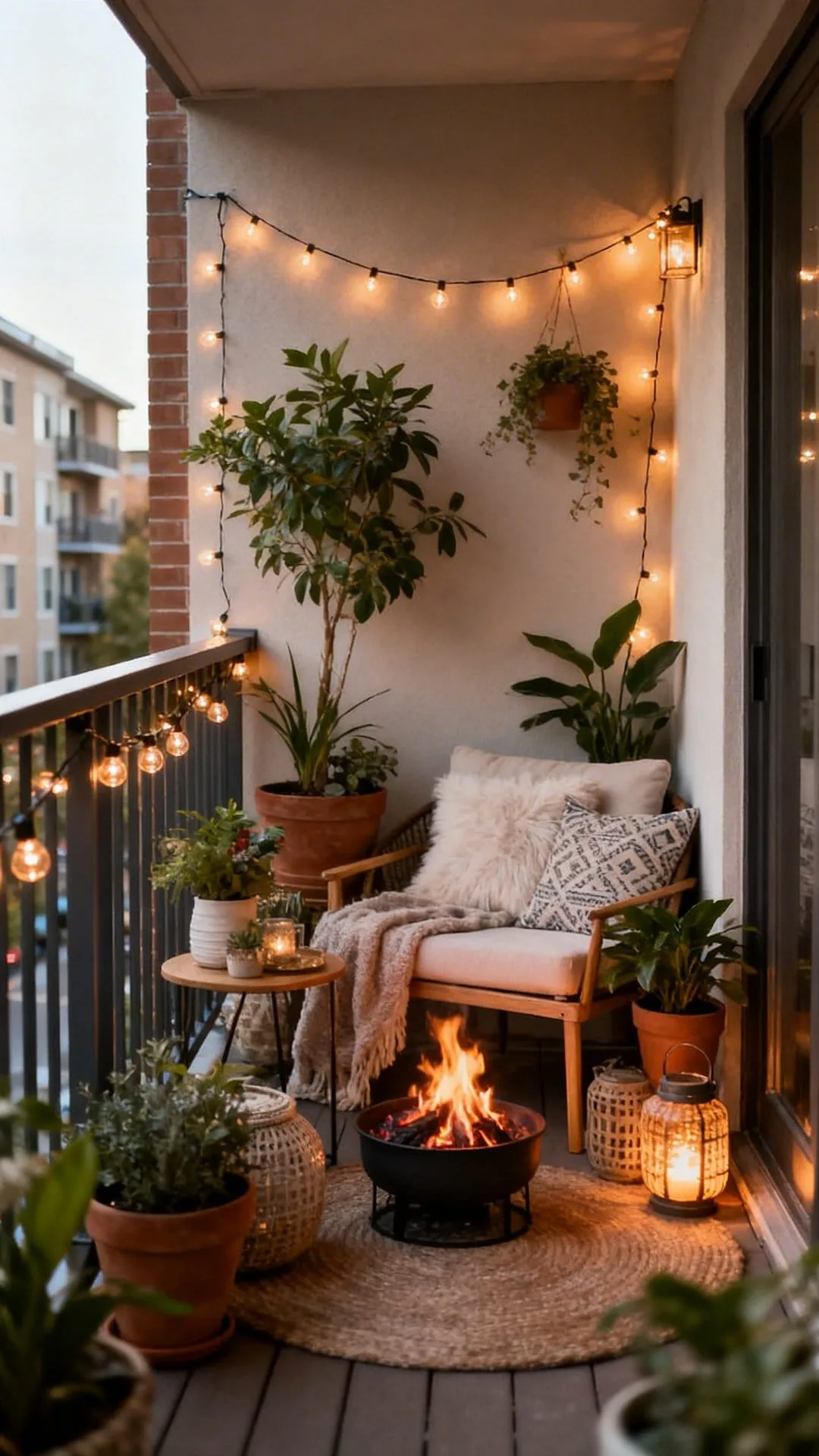 LED lanterns creating fire-free glow corner on apartment patio
