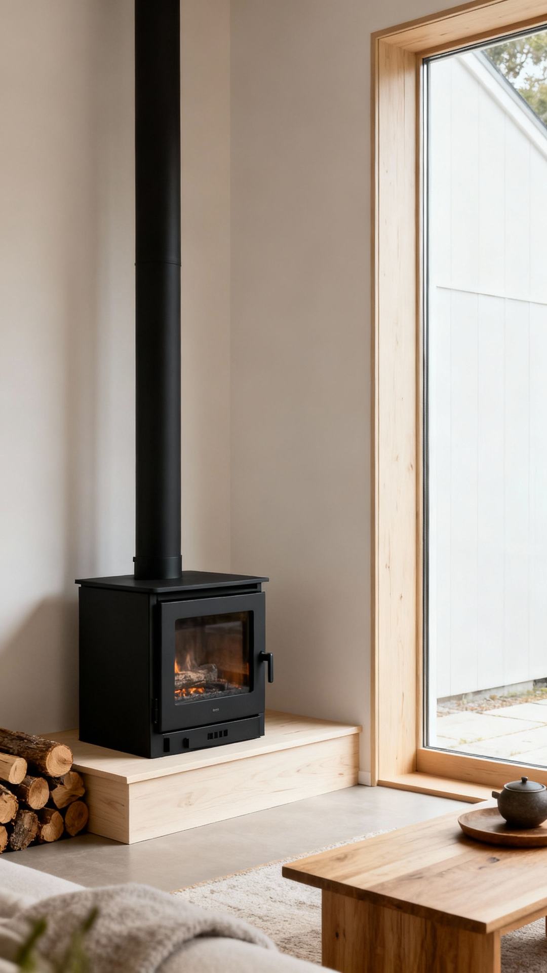 Matte Black Wood Stove With Minimal Surround