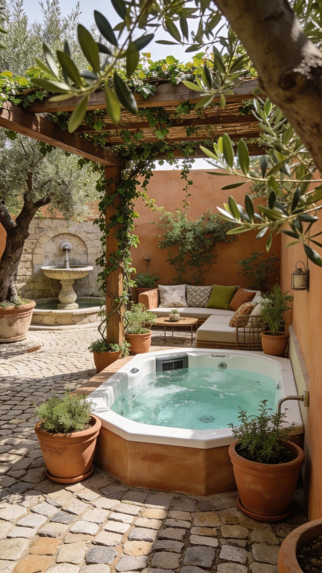 Mediterranean Courtyard With Terracotta and Olive Trees