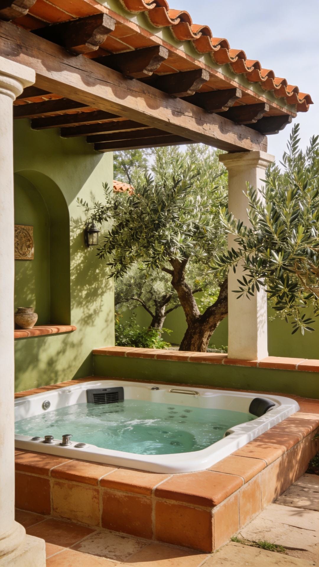 Mediterranean Pergola Nook With Terracotta and Olive Trees