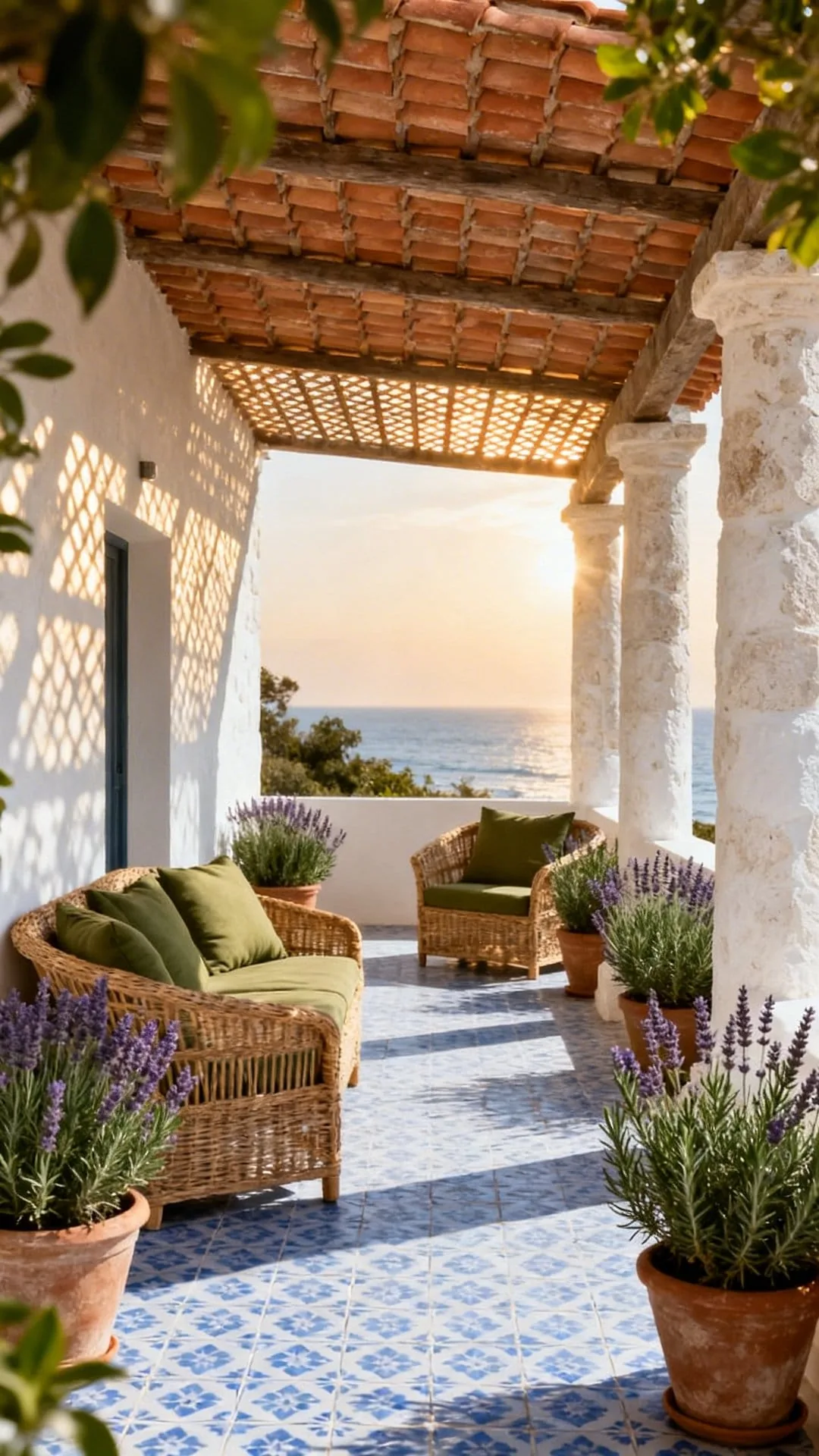 Mediterranean-style covered patio with arched openings, terracotta tiles, and warm iron lanterns