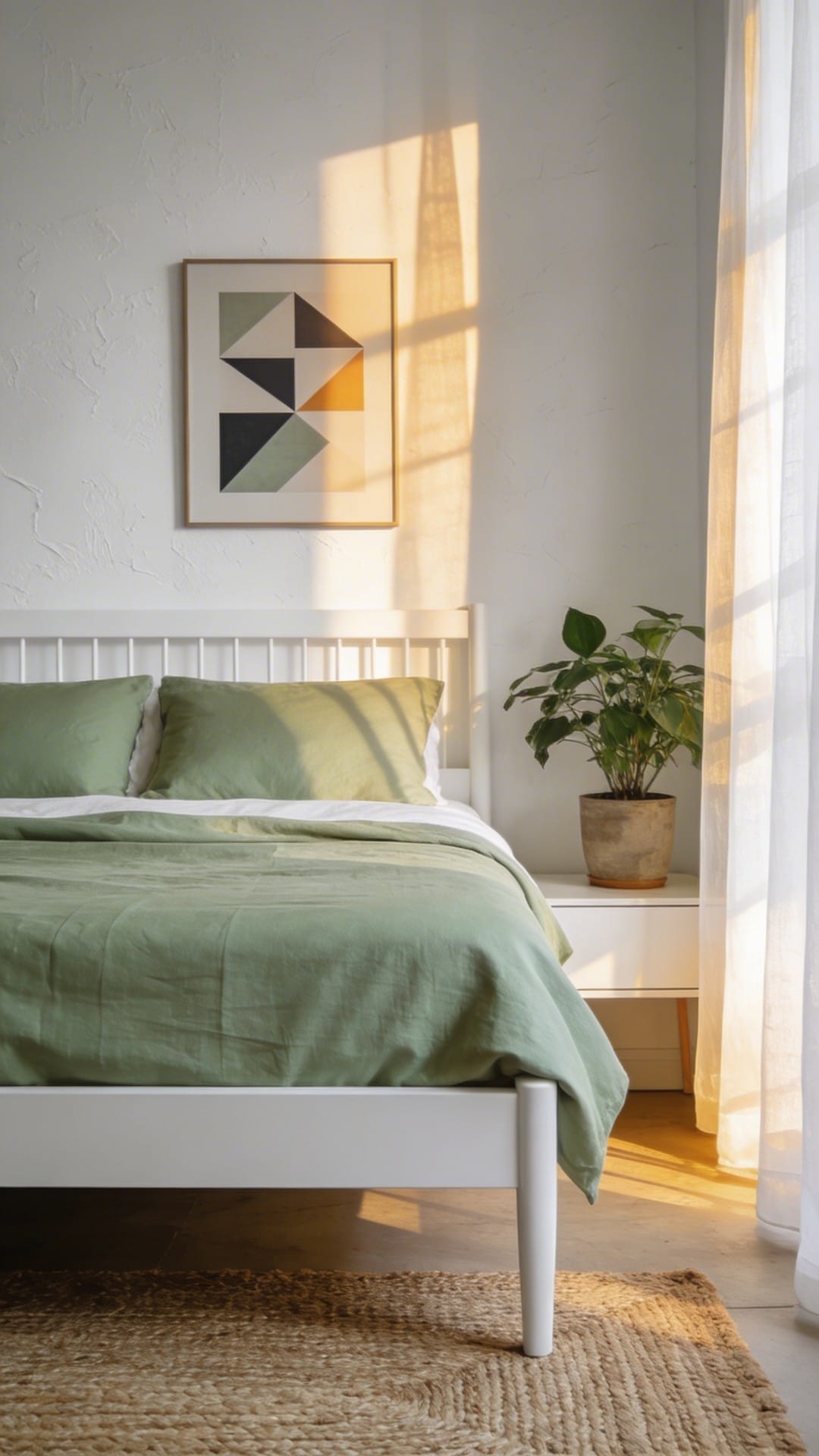 Minimalist White Bedframe With Sage Linen