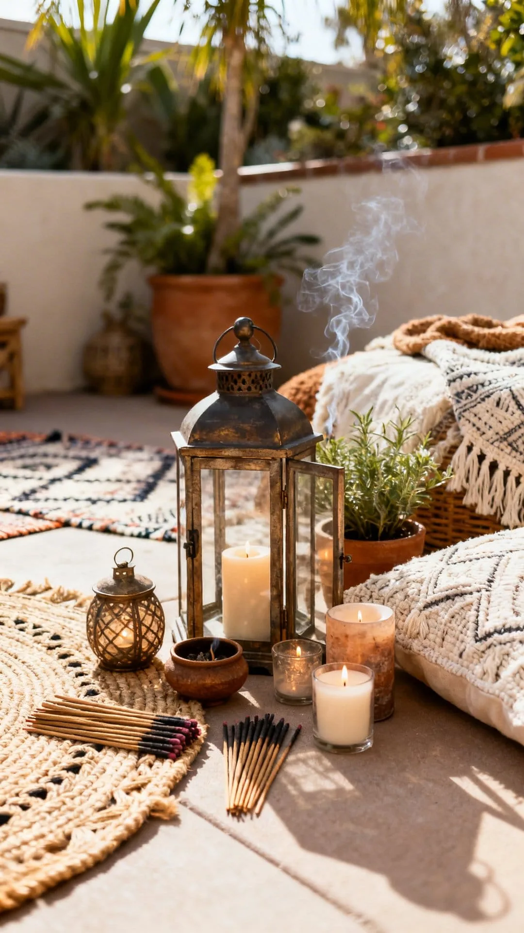 boho patio lanterns and candles for layered evening glow and ambiance