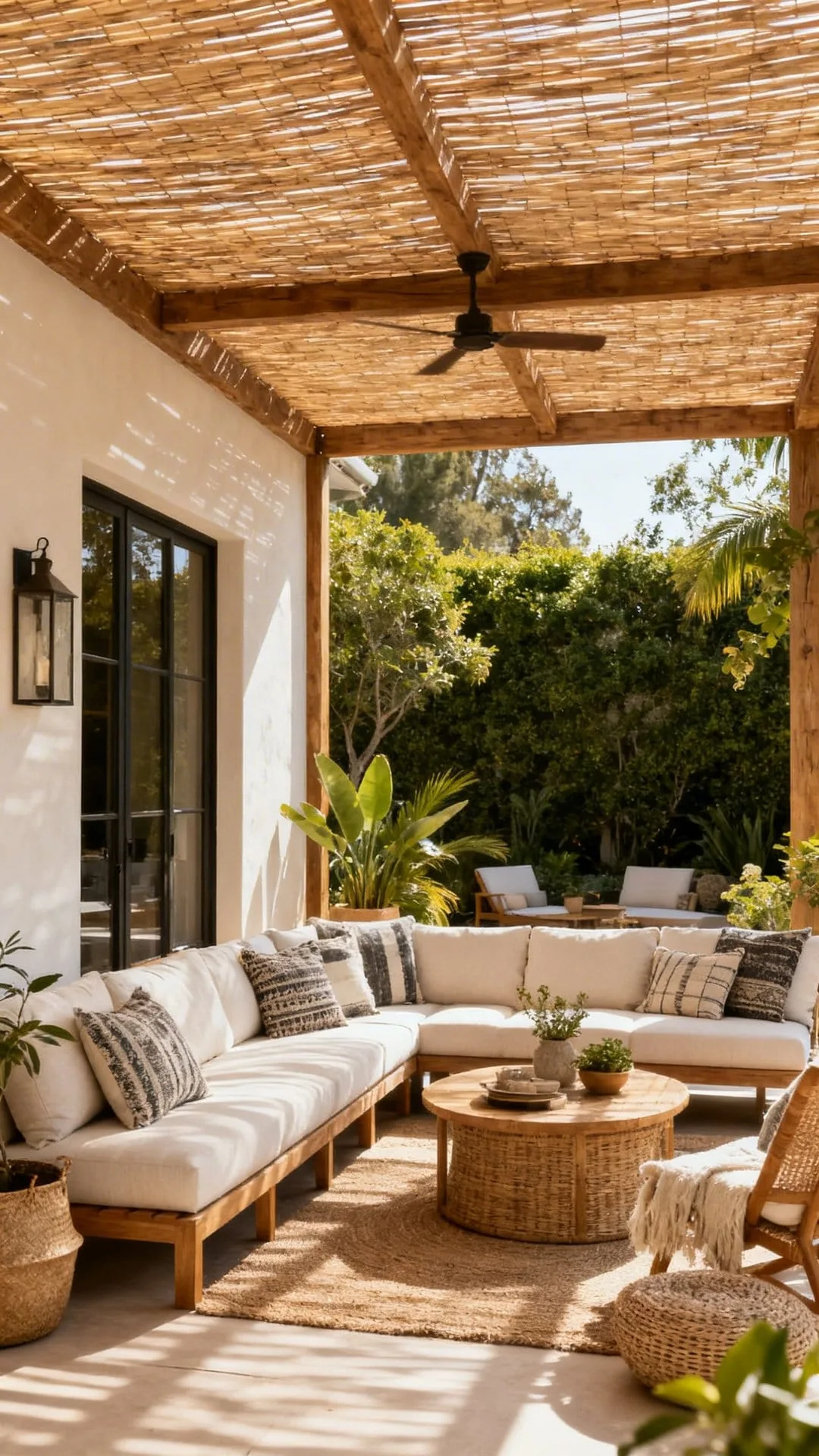 Covered patio mixing cedar pergola, canvas canopy, woven chairs, and stone pavers for layered texture