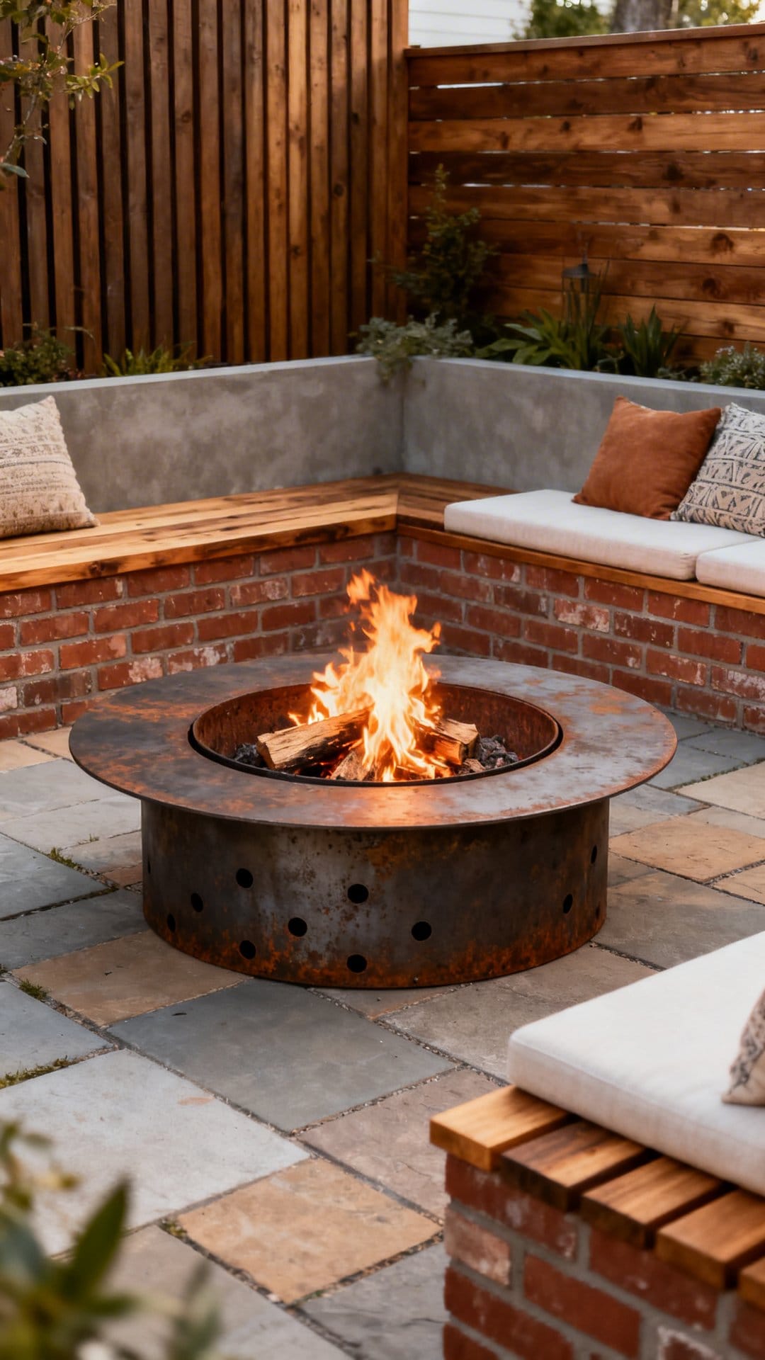 Mixed-Material Patio: Brick, Wood, And Steel