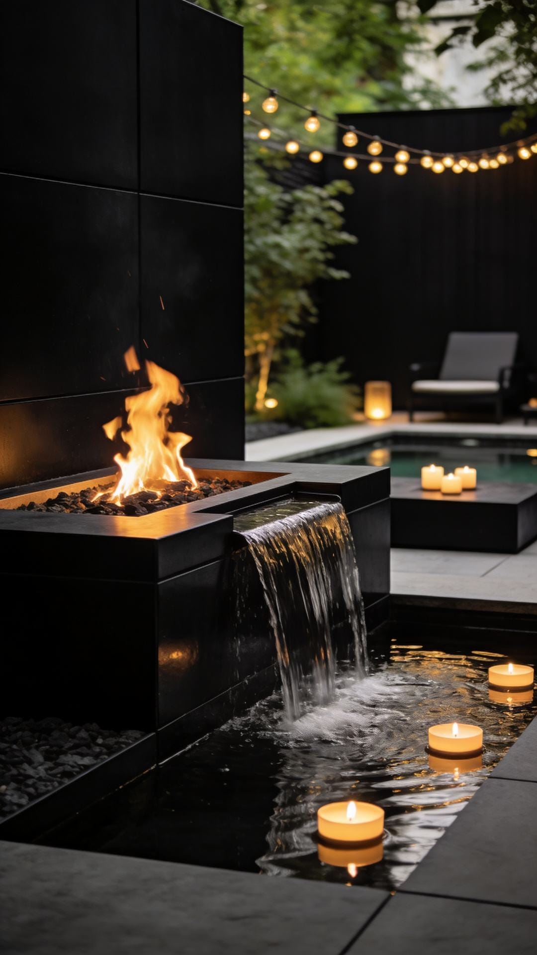 Modern Black Box Courtyard With Fire and Water