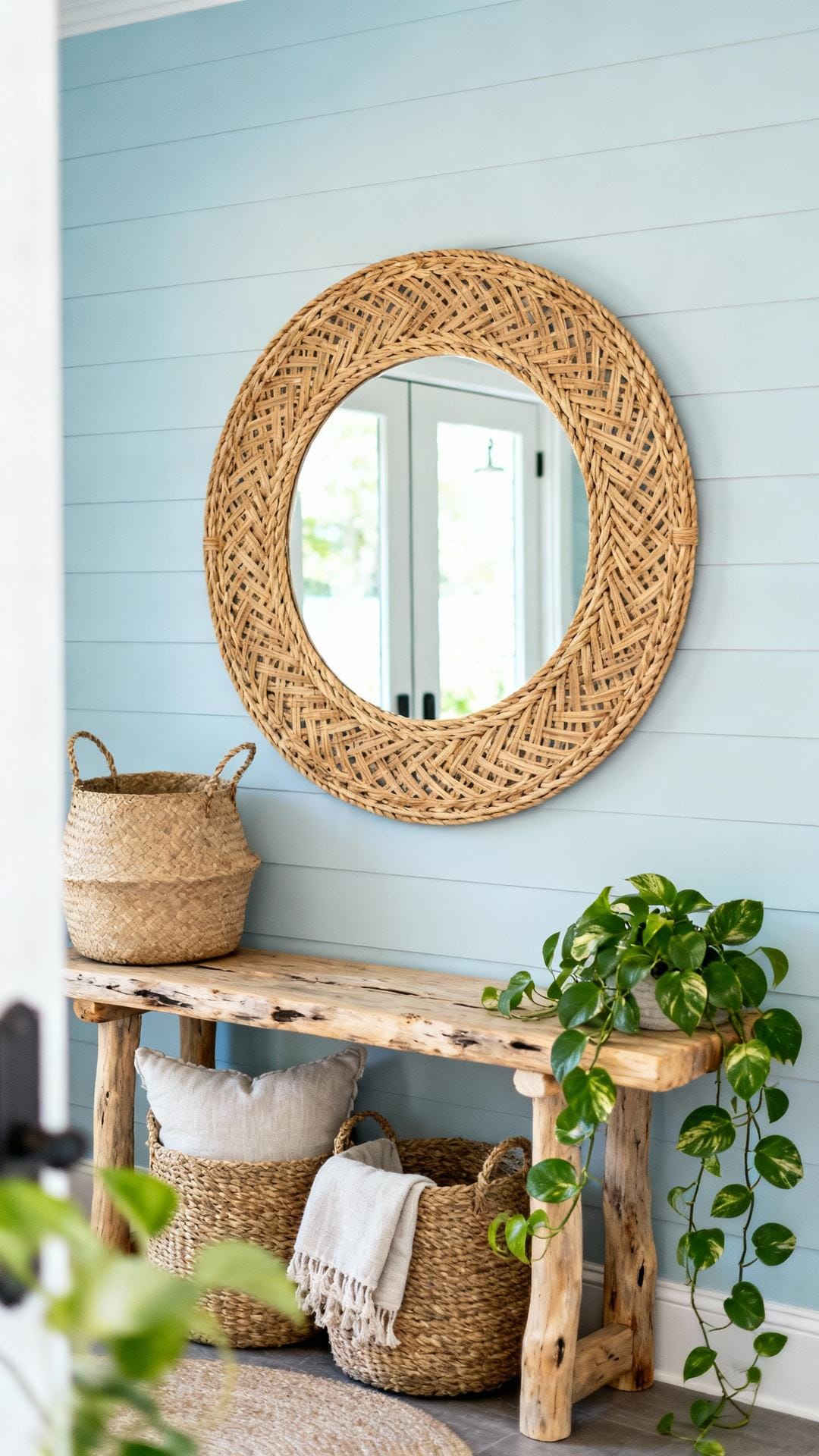 Modern Coastal Entry With a Round Rattan Mirror