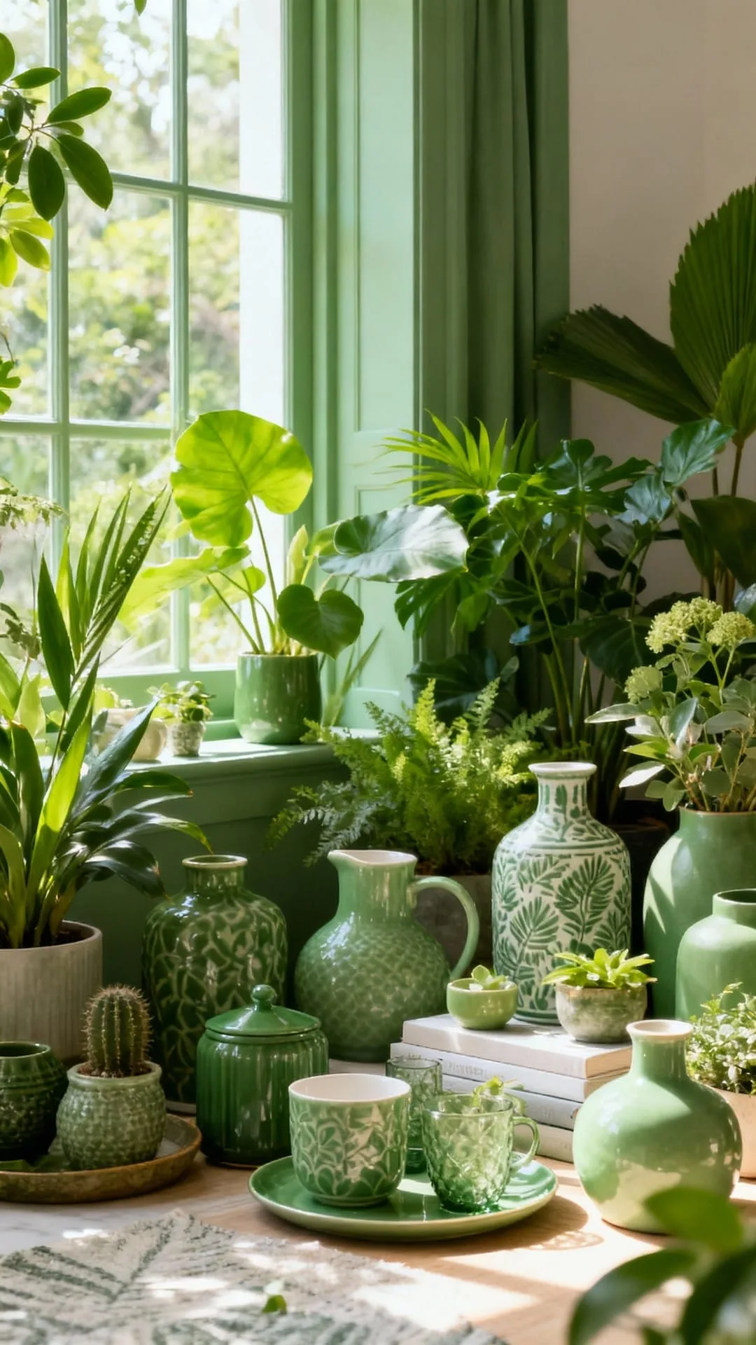 A windowsill styled entirely in green plants with varied leaf textures