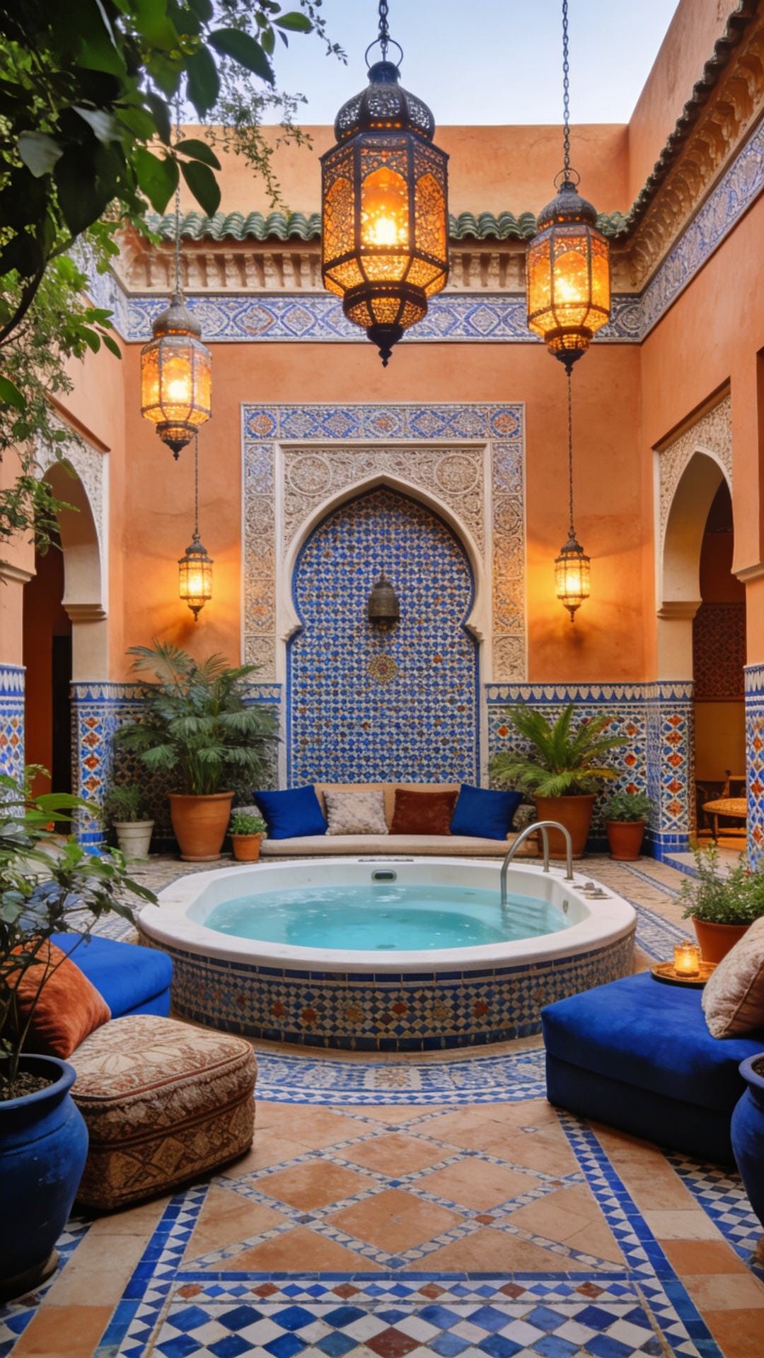 Moroccan Courtyard With Zellige Tile and Lanterns