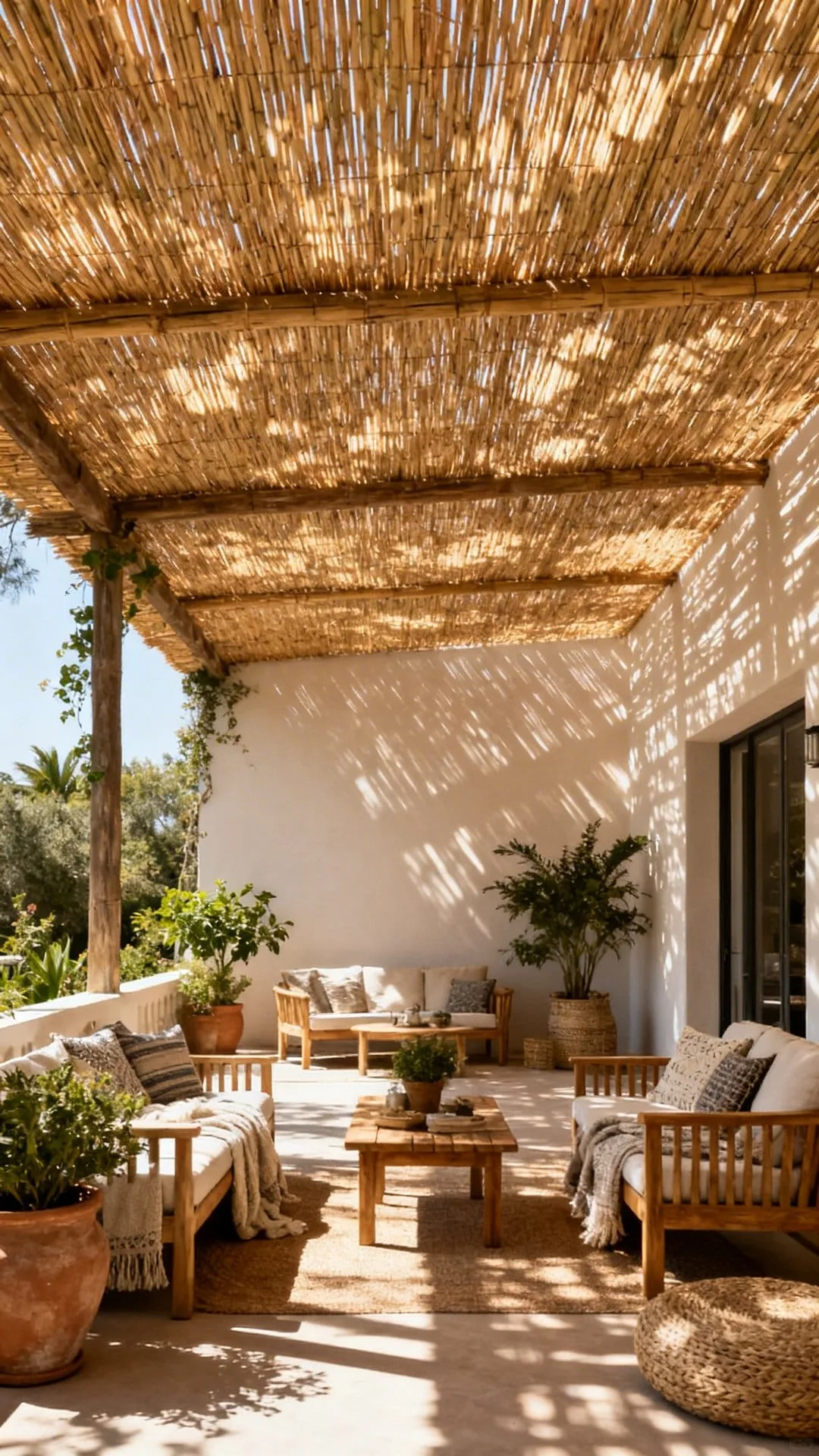 Bamboo reed canopy over a small outdoor seating area with a relaxed tropical atmosphere