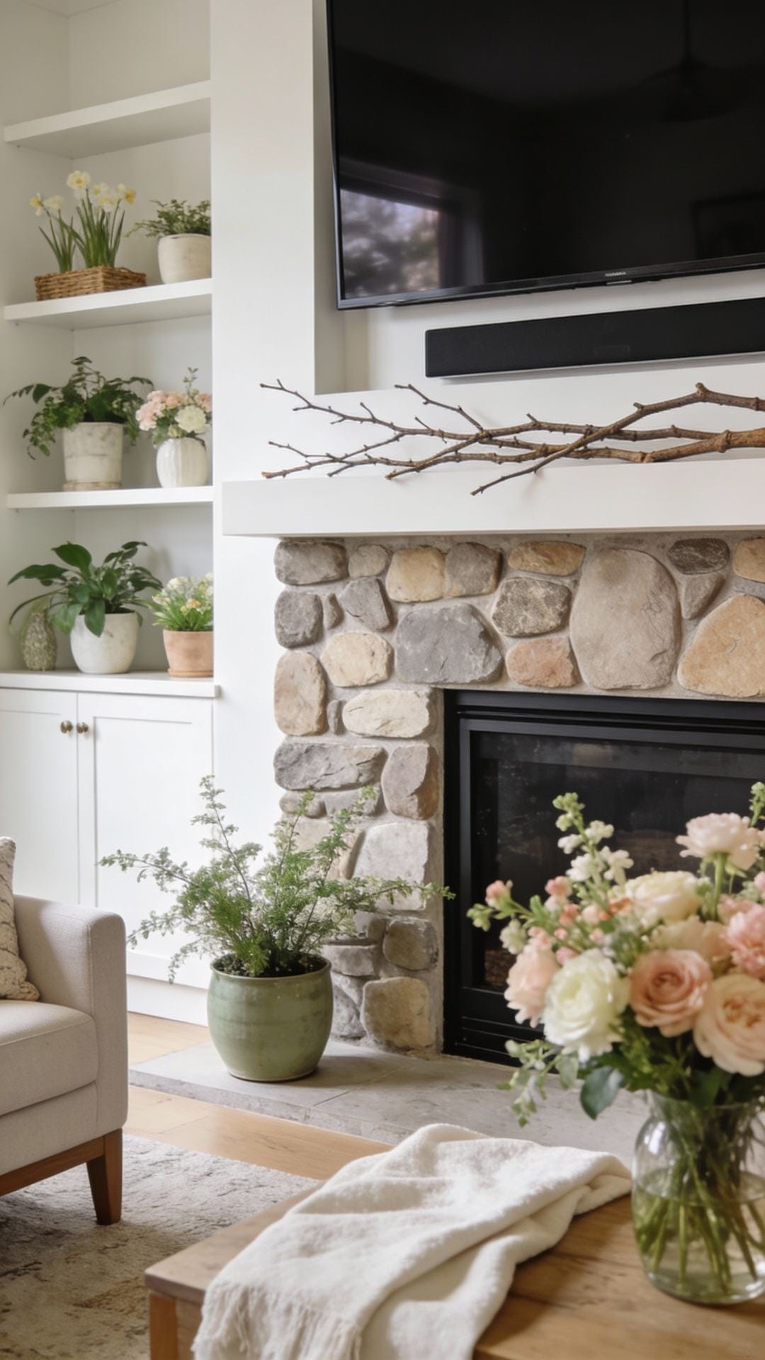 Organic Modern Mantel With Stone And Branches
