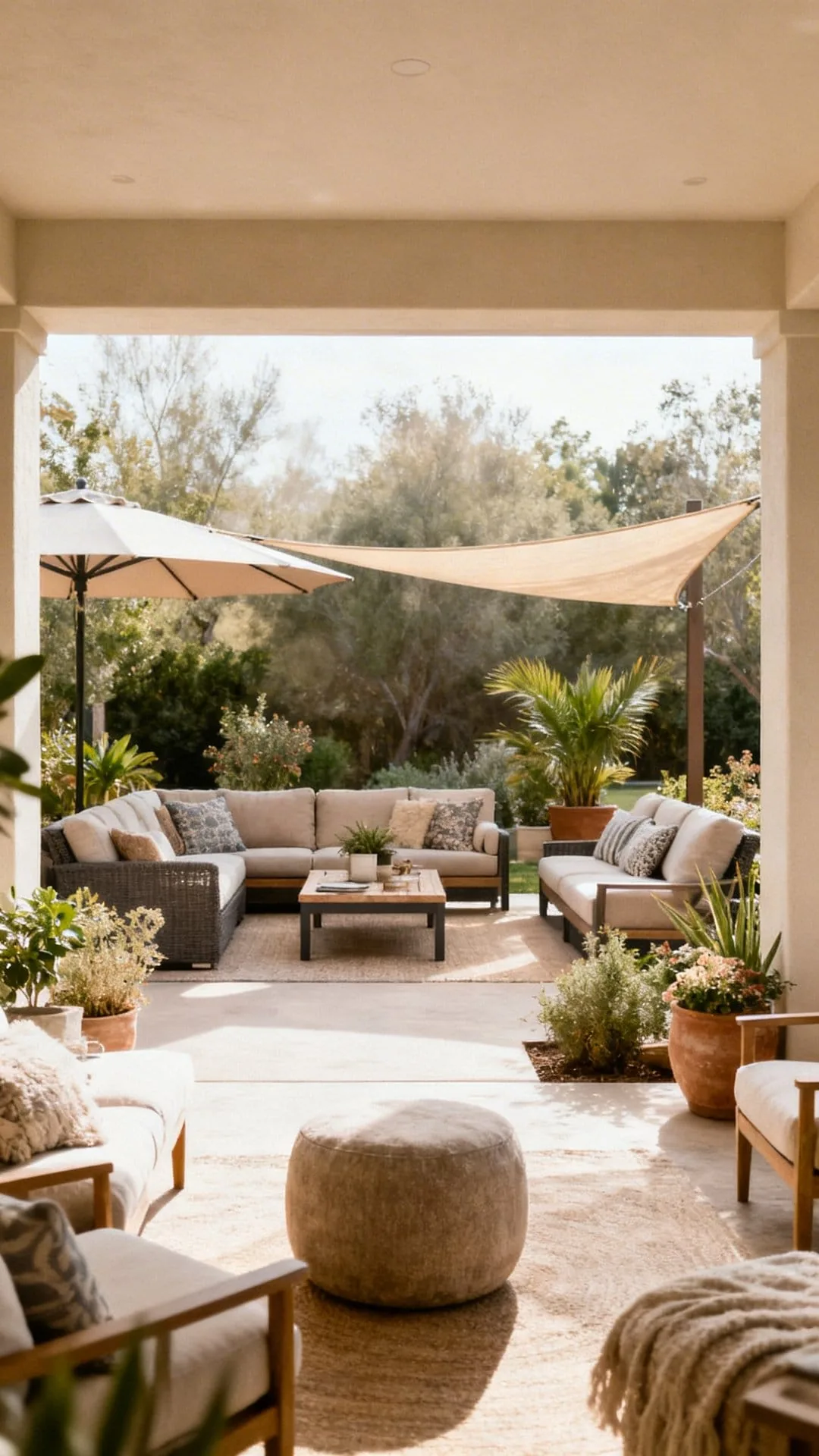 Permanent solid-roof covered patio set up as an outdoor living room with ceiling fan and lighting
