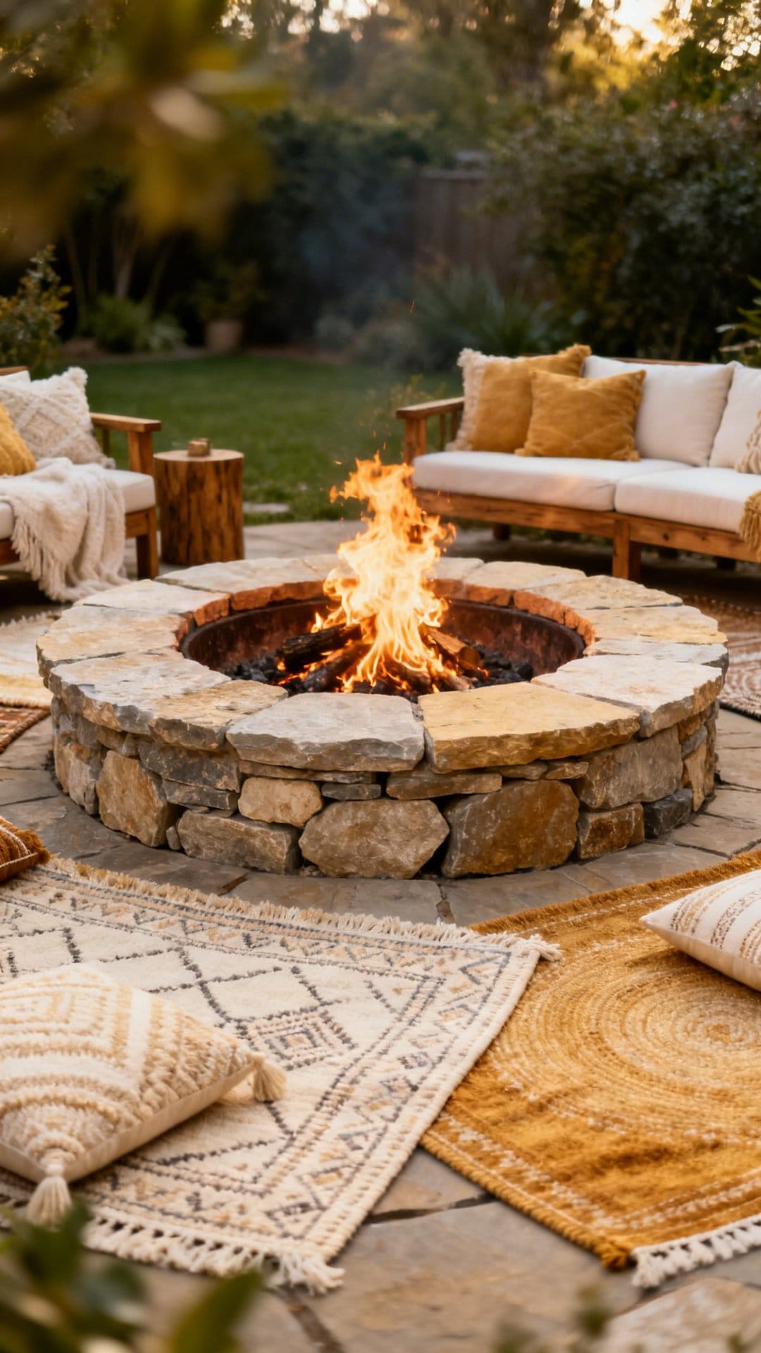 Oversized Flagstone Circle With Layered Rugs