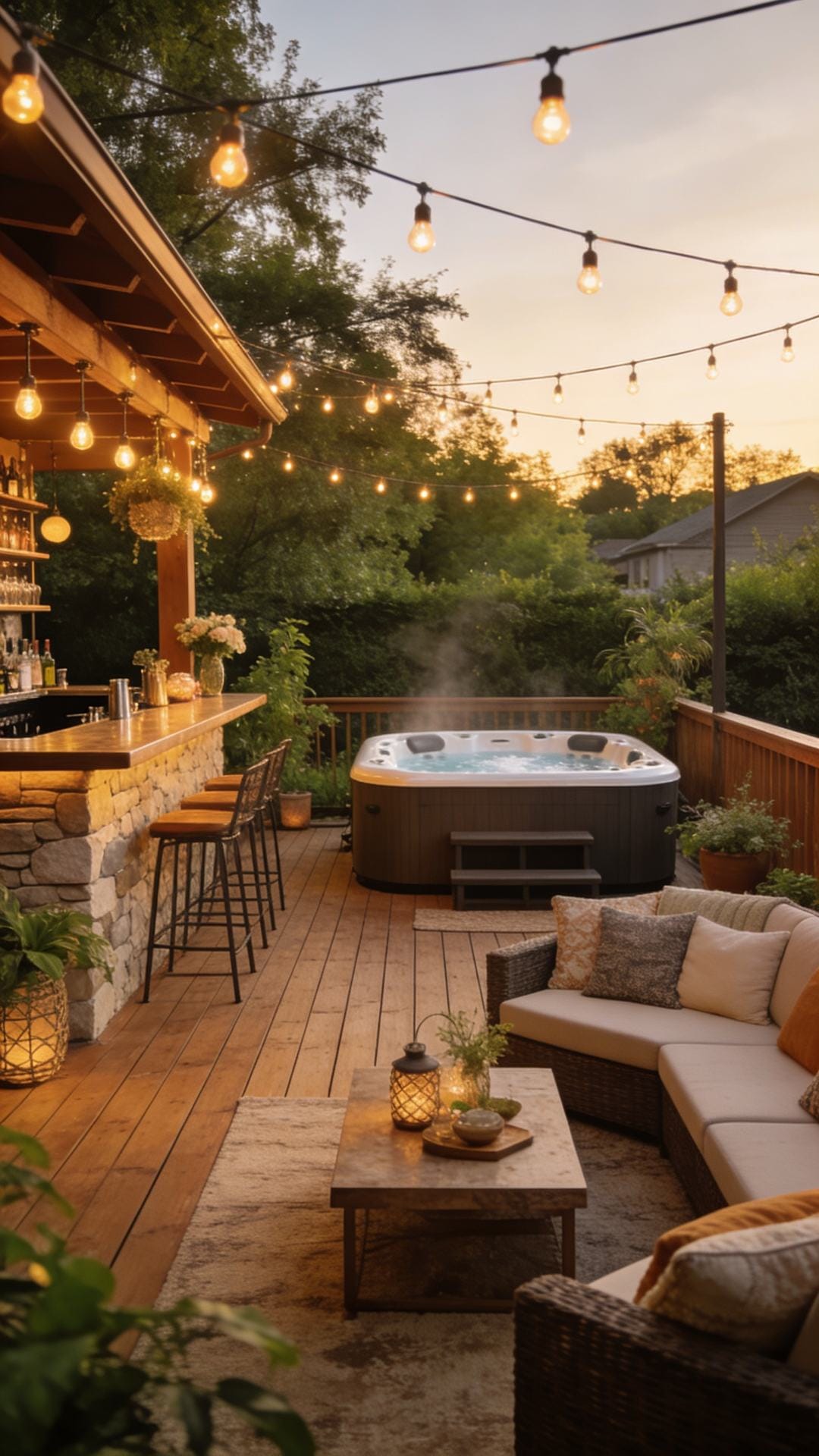 Party-Ready Deck With Outdoor Bar and Bistro Lights