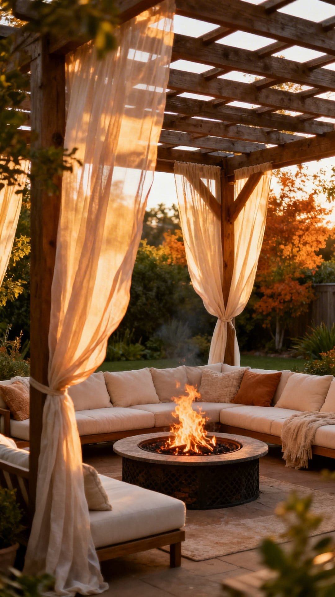 Pergola-Framed Lounge With Sheer Curtains