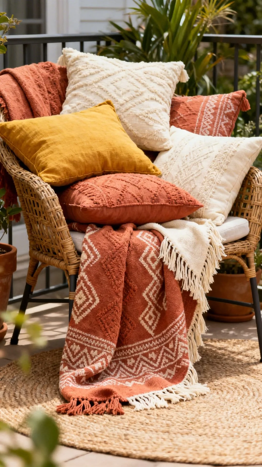 boho patio with layered outdoor pillows in earth tones and mixed textures