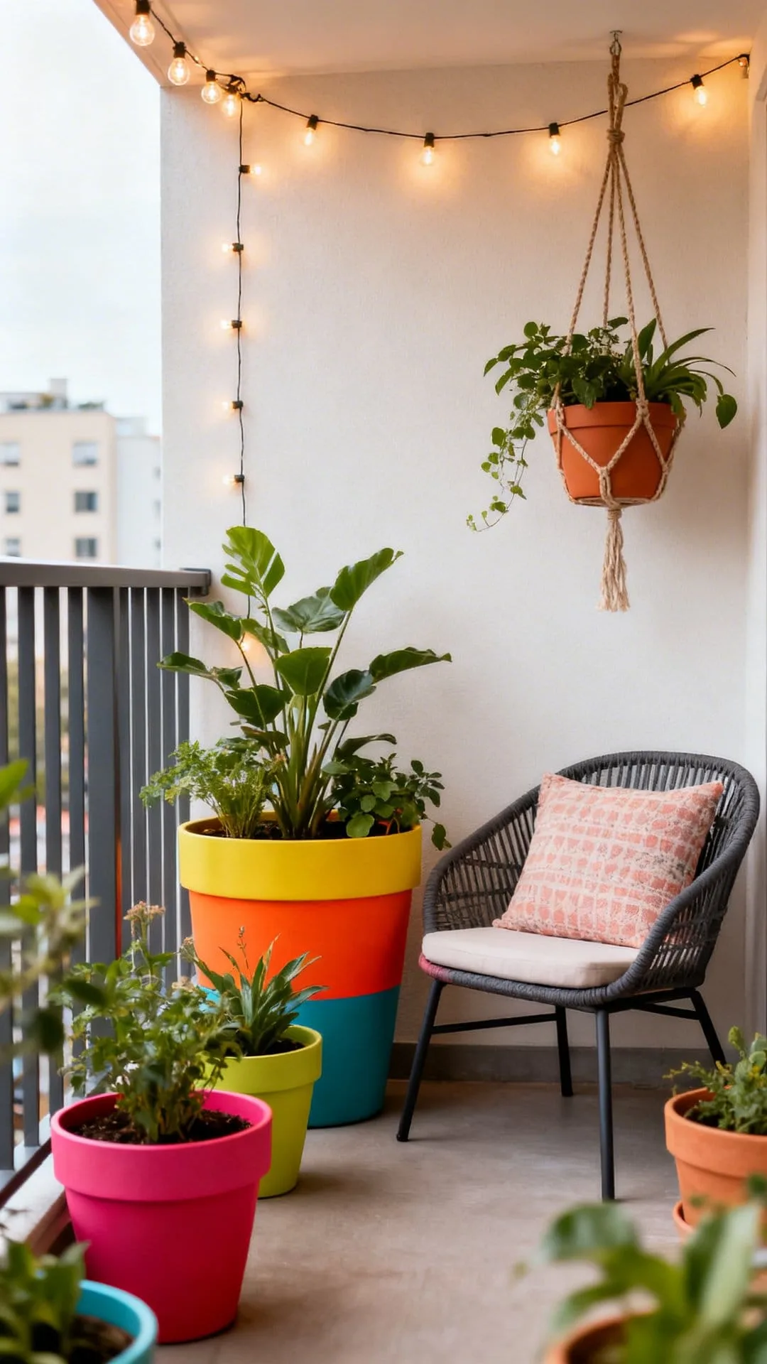 color-blocked pots on a budget apartment patio