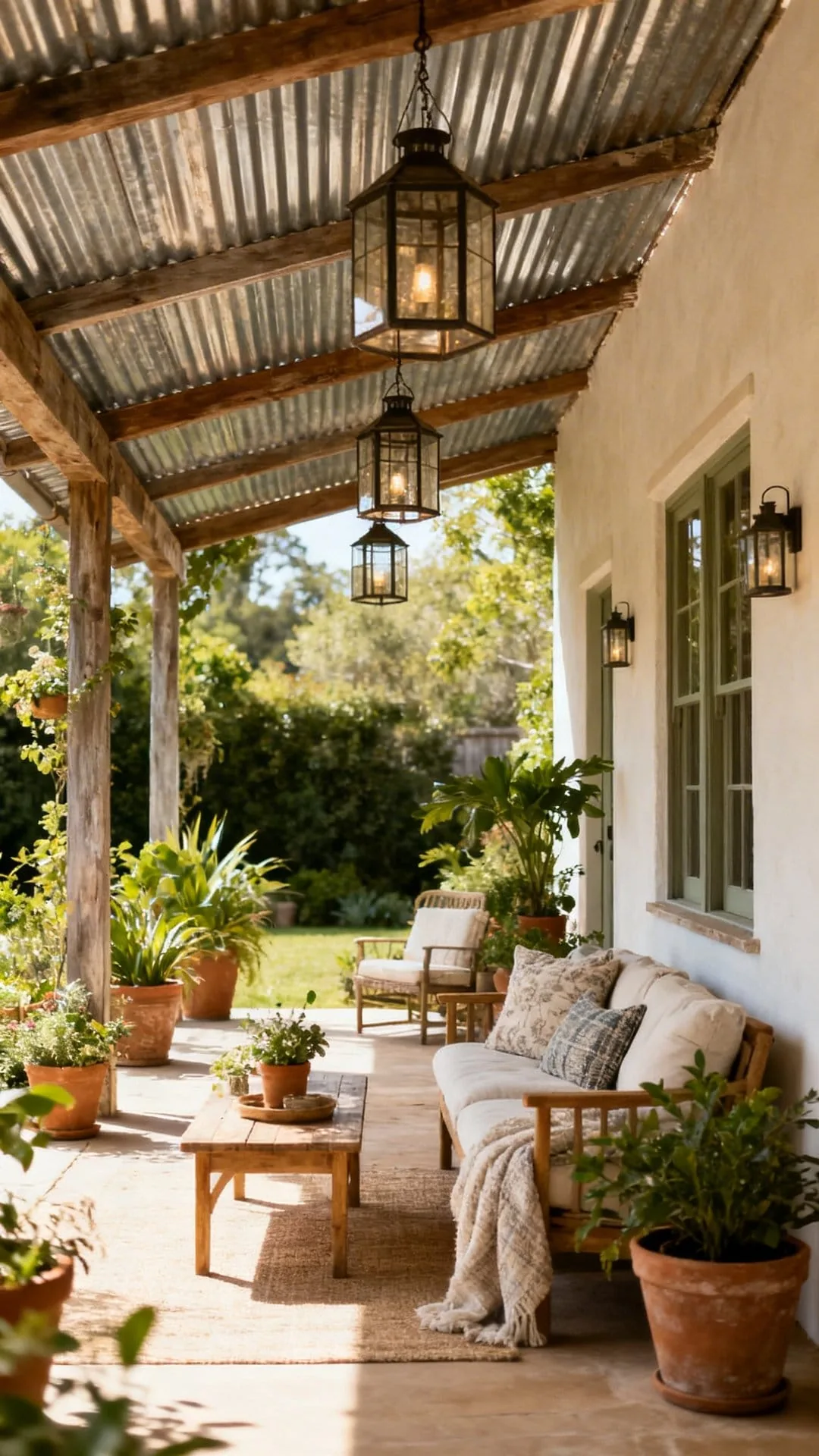 Corrugated metal tin roof over a rustic farmhouse-style covered patio with wood beams
