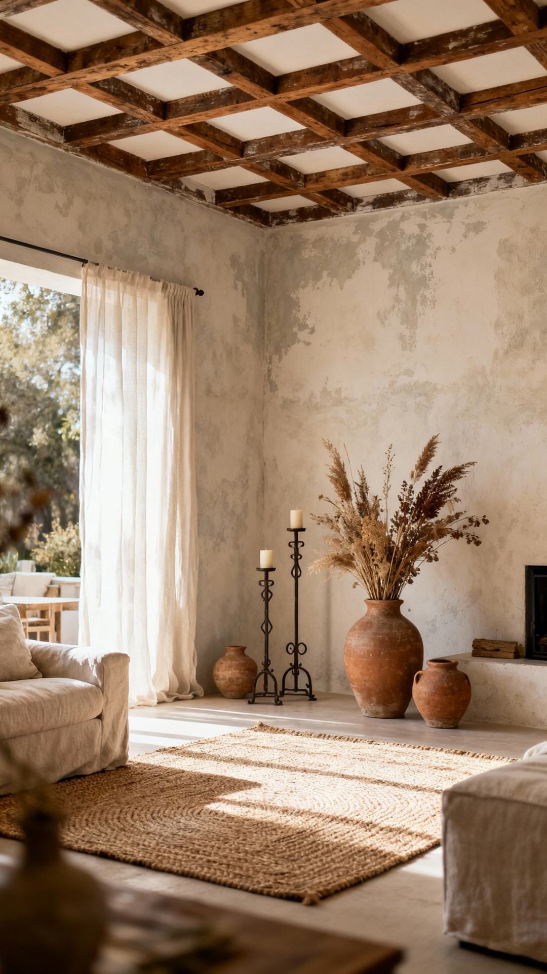 Rustic Retreat: Reclaimed Beam Grid With Limewash Plaster