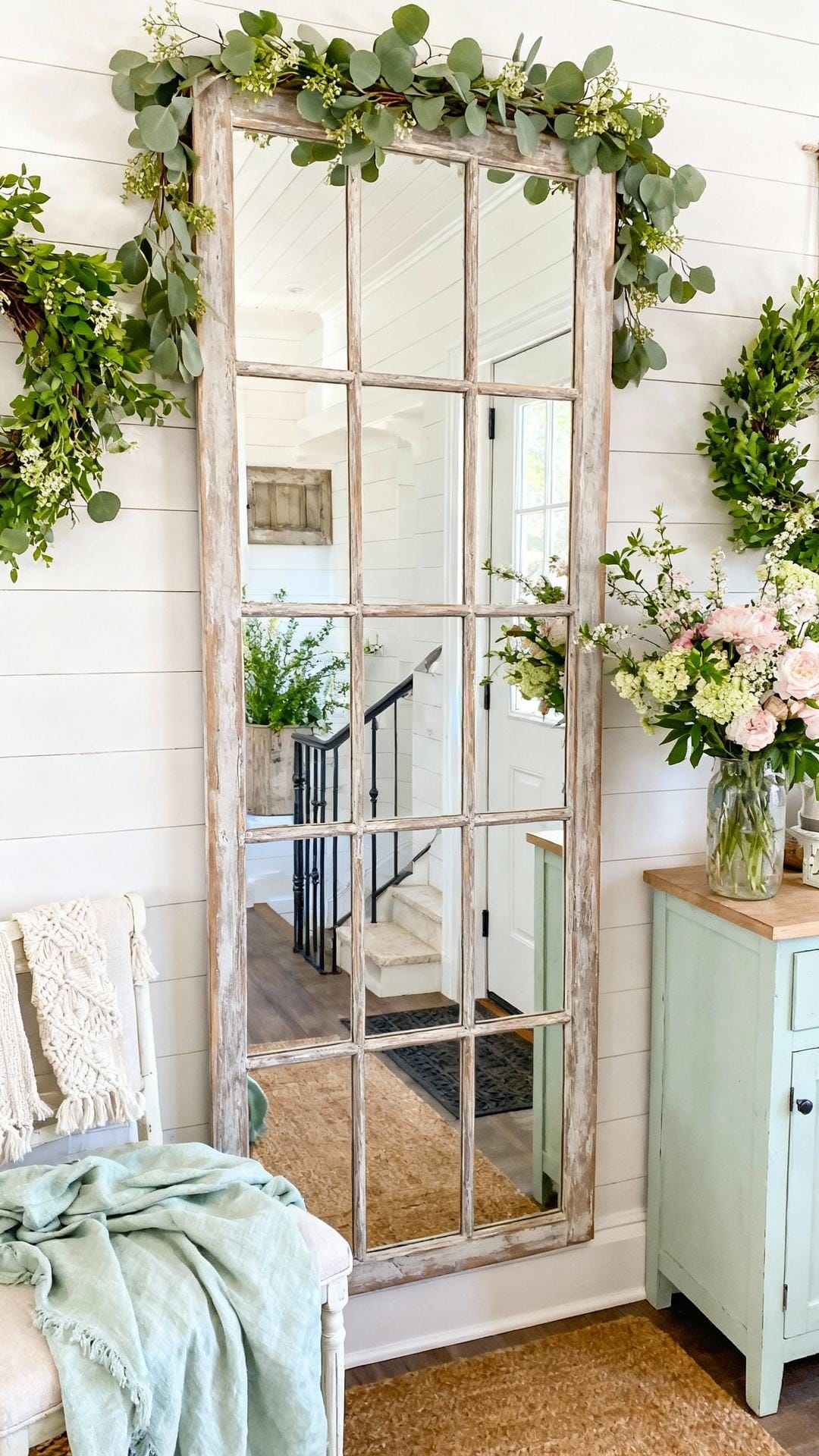 Rustic Spring Farmhouse With Windowpane Mirror