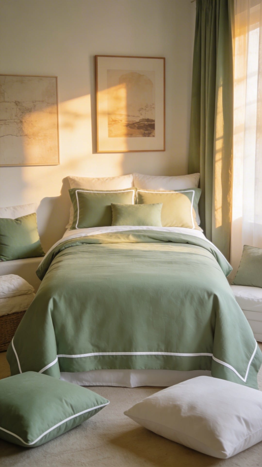 Sage Bedding With White Piping