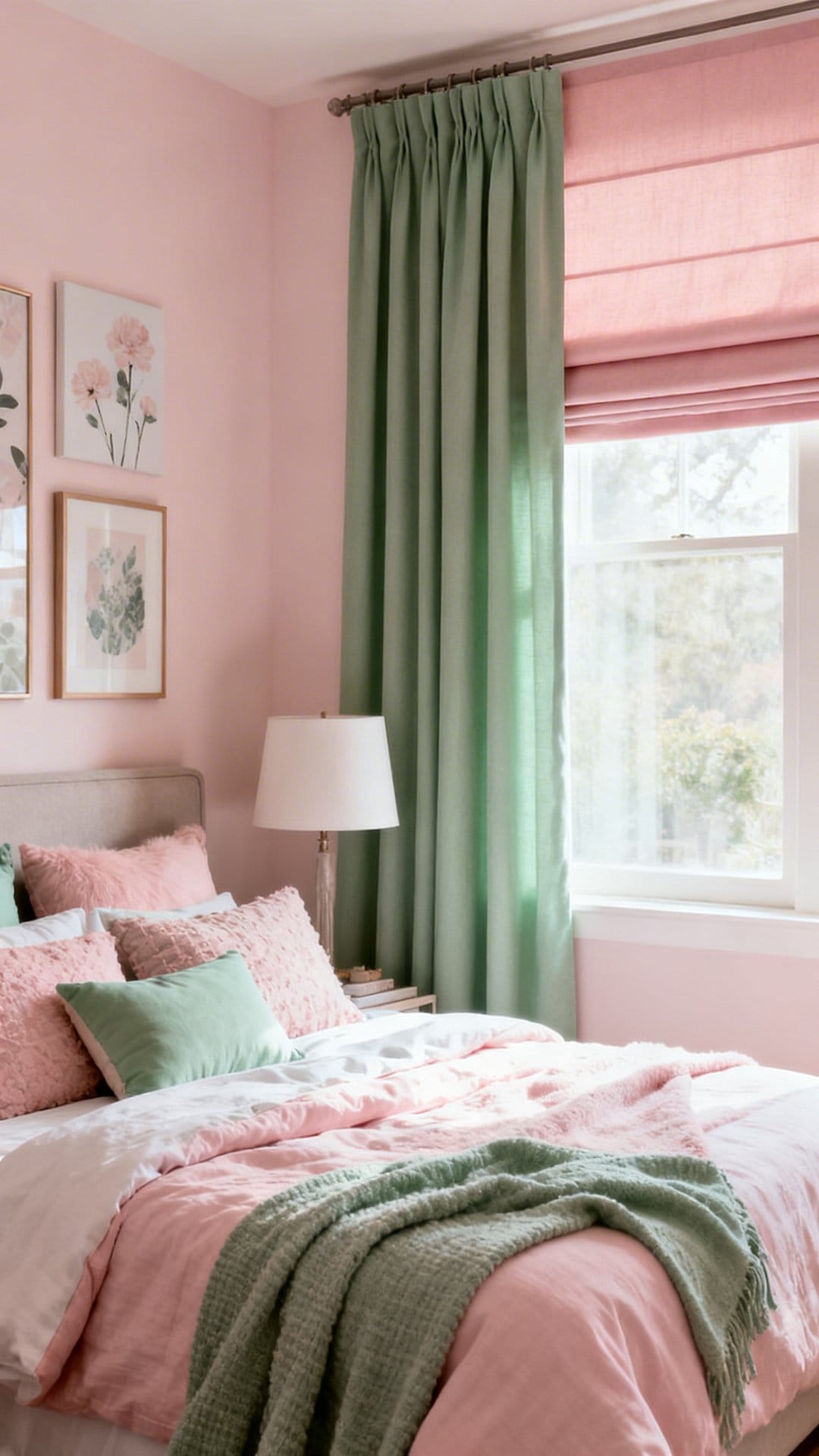 Sage Curtains, Blush Roman Shade Combo