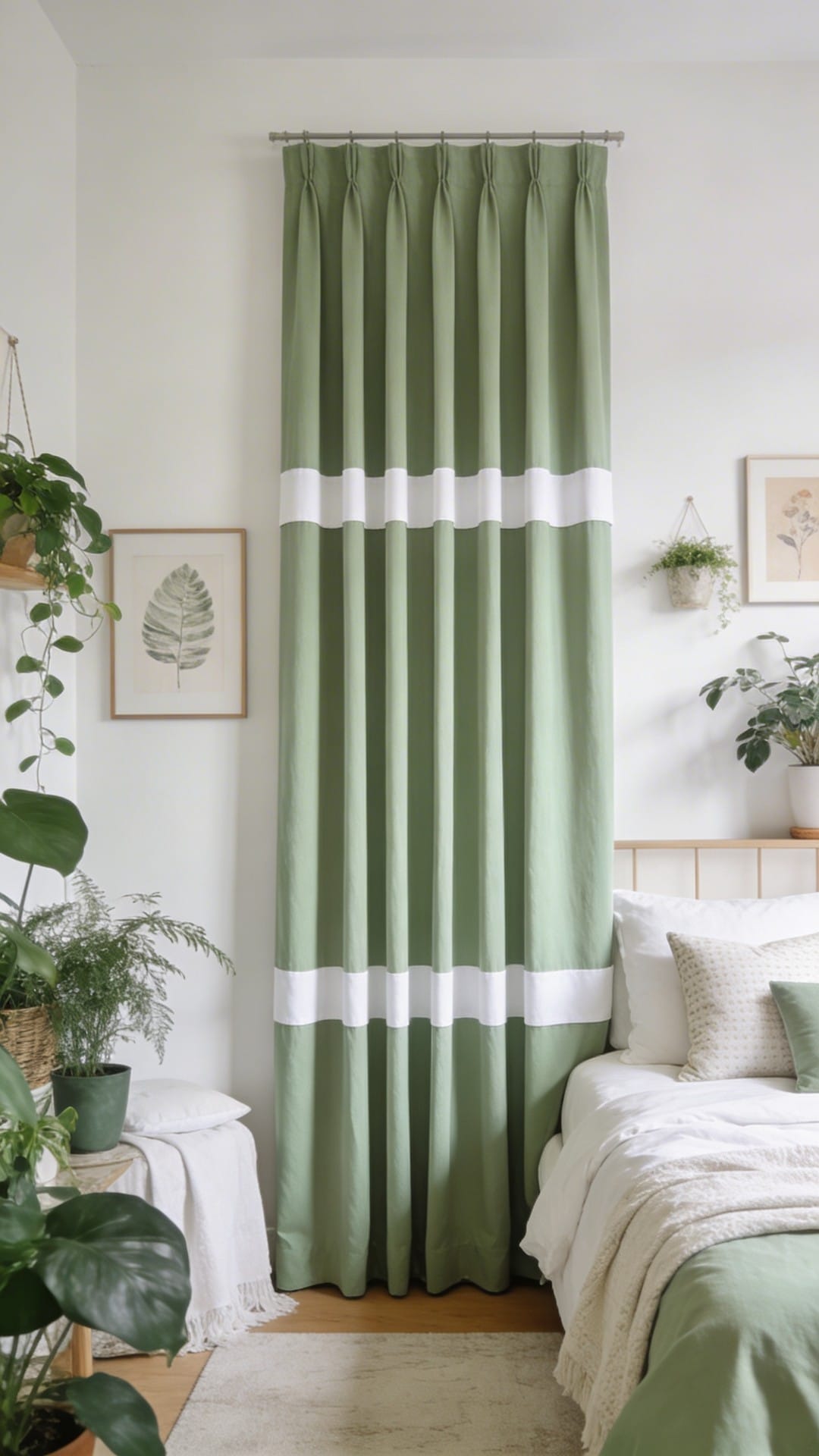 Sage Panel Curtains With White Trim Bands