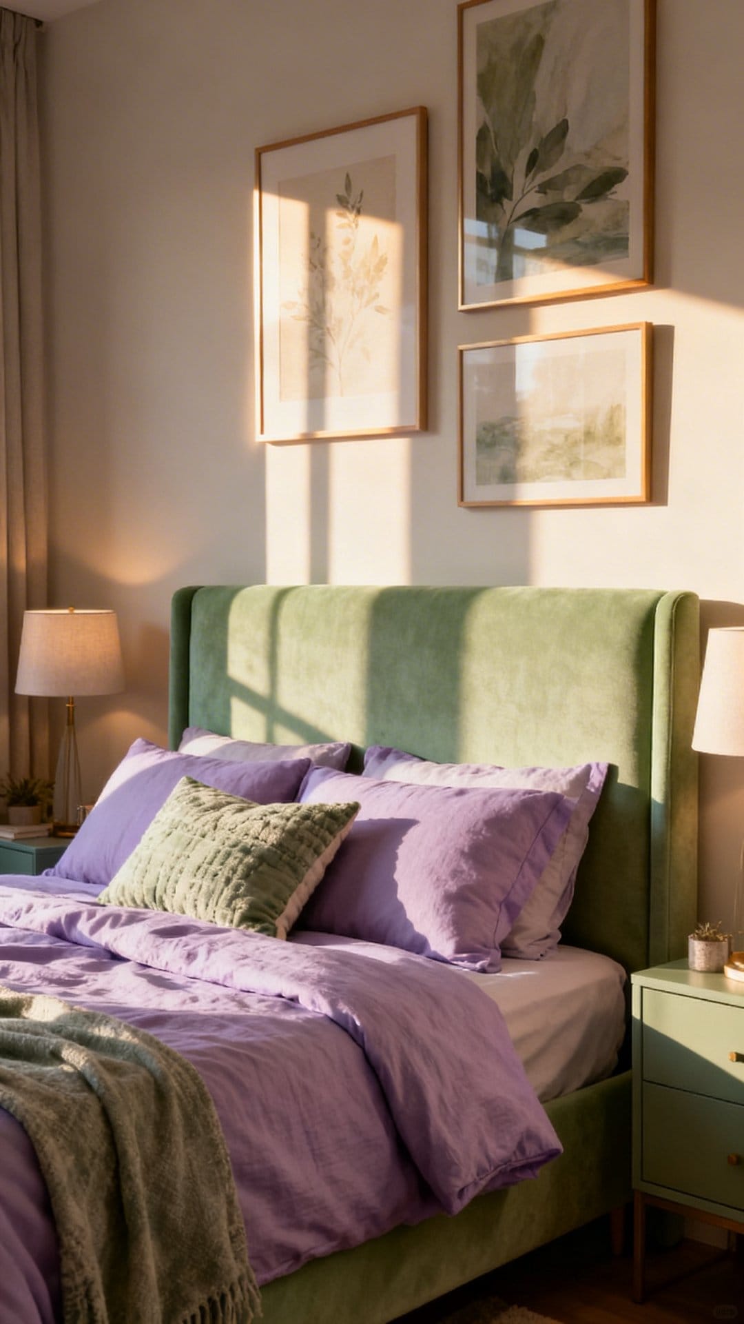 Sage Upholstered Headboard + Lavender Bedding