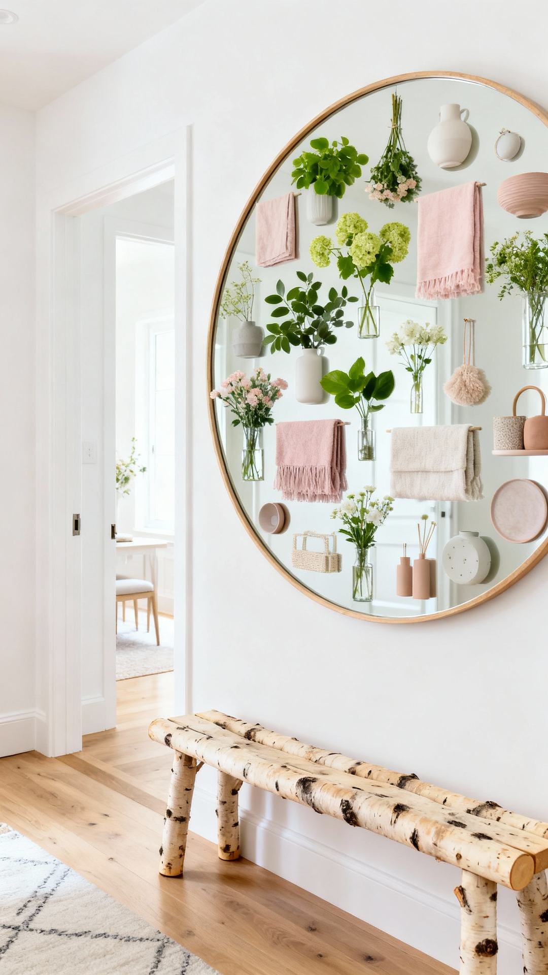 Scandi Minimal With Oversized Round Mirror and Birch Bench