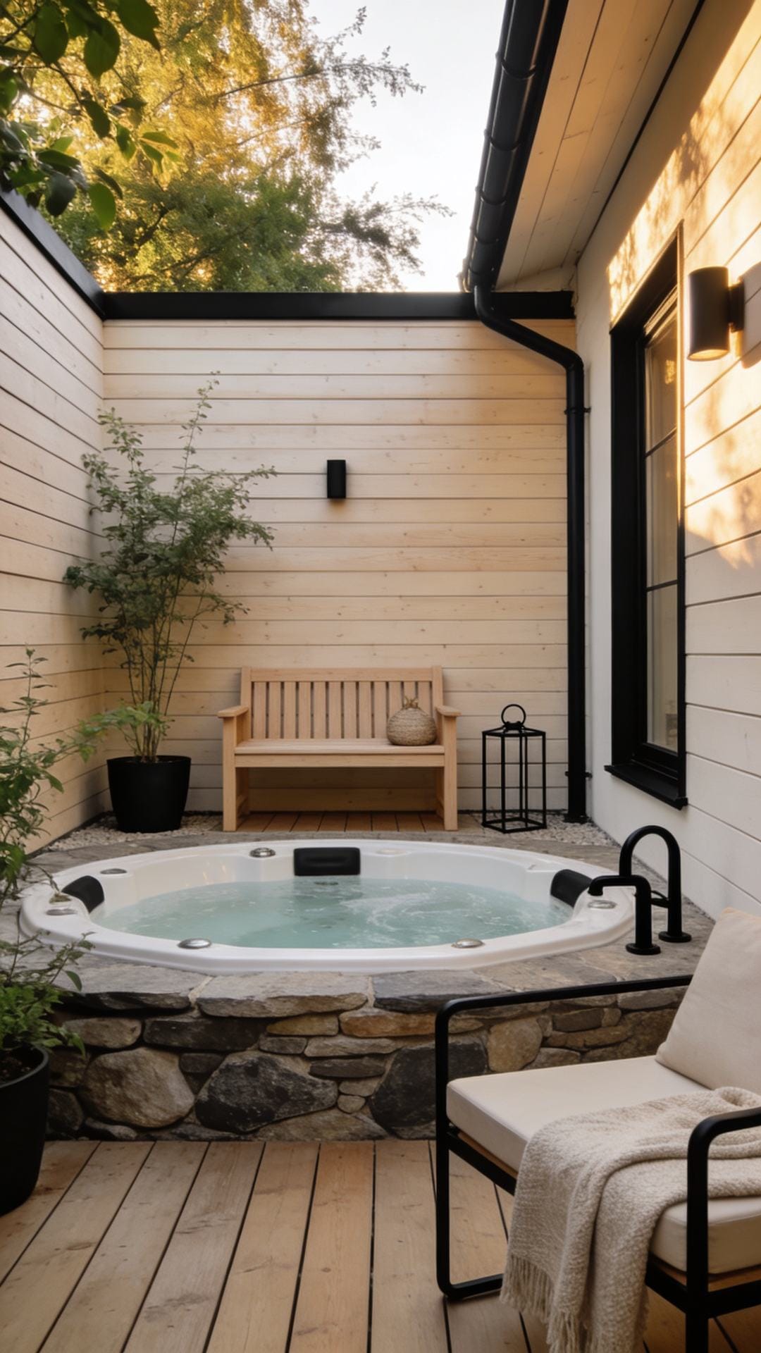 Scandinavian Courtyard With Pale Woods and Black Accents