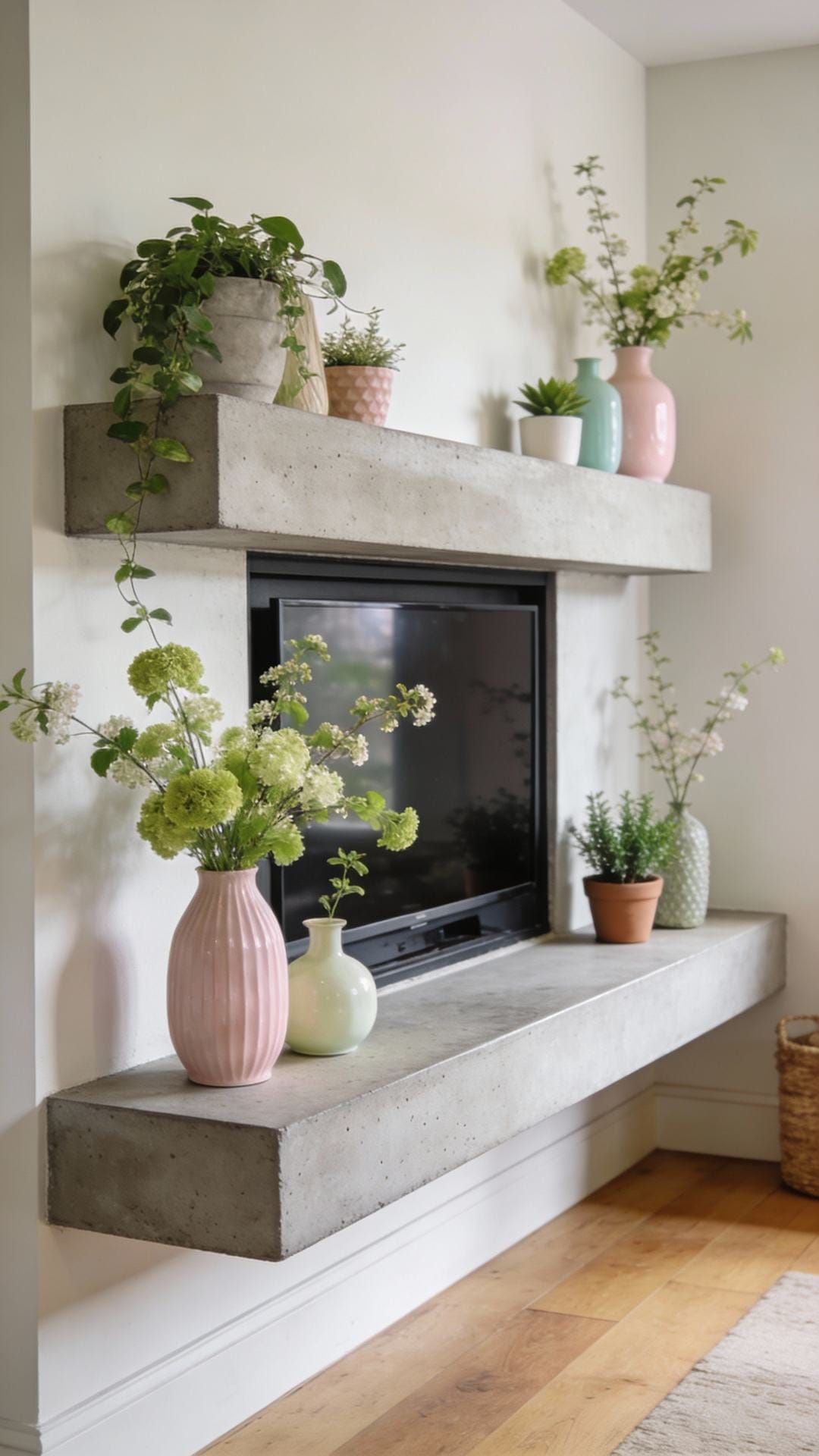 Soft Industrial Mantel With Concrete Accents