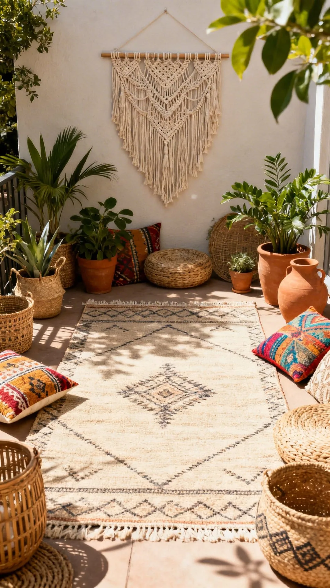 boho patio decor idea with a patterned outdoor rug anchoring the space