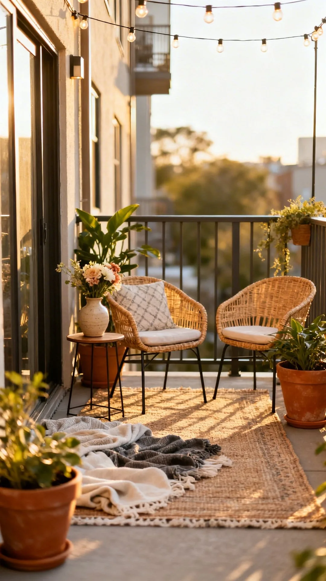 outdoor rug anchoring a cozy apartment patio on a budget