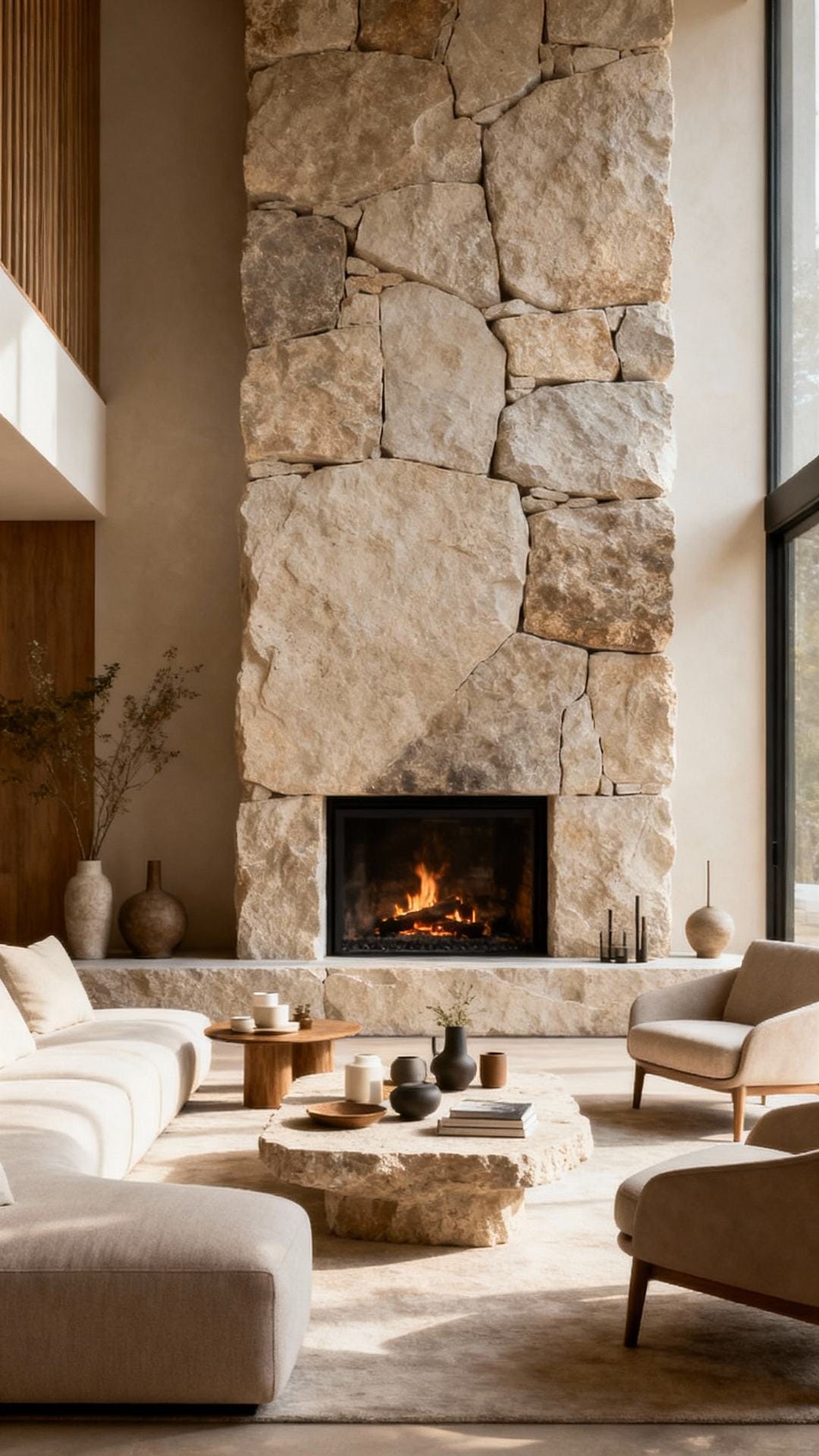 Statement Stone Fireplace with Low Seating