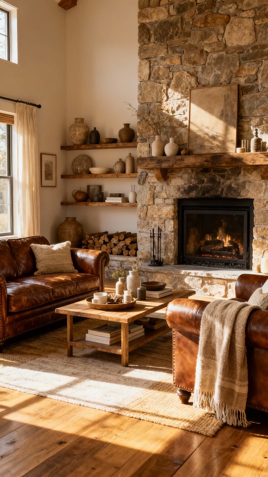 Stone Hearth Farmhouse With Leather Warmth