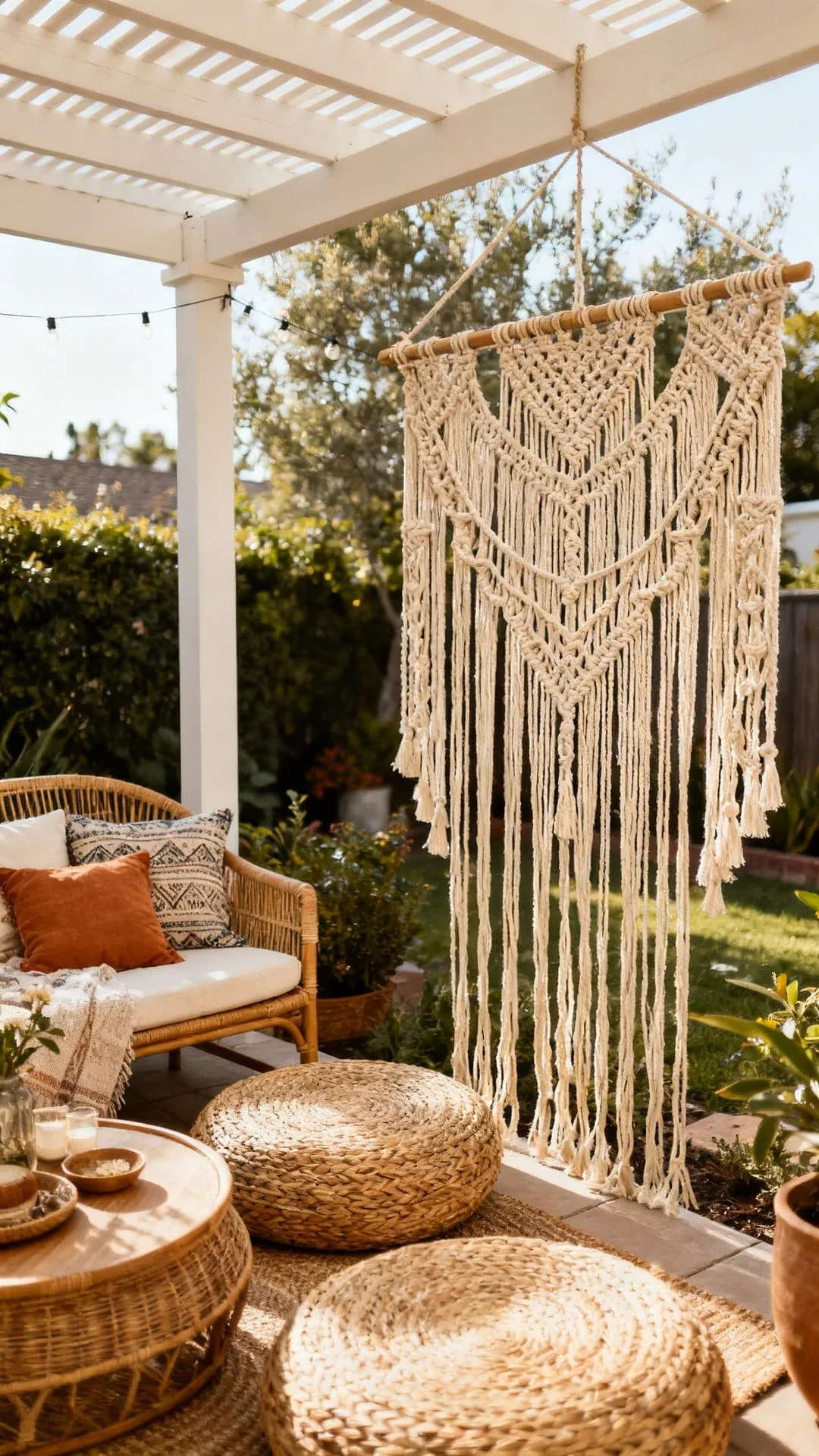 macrame wall hanging on boho patio fence for handmade texture