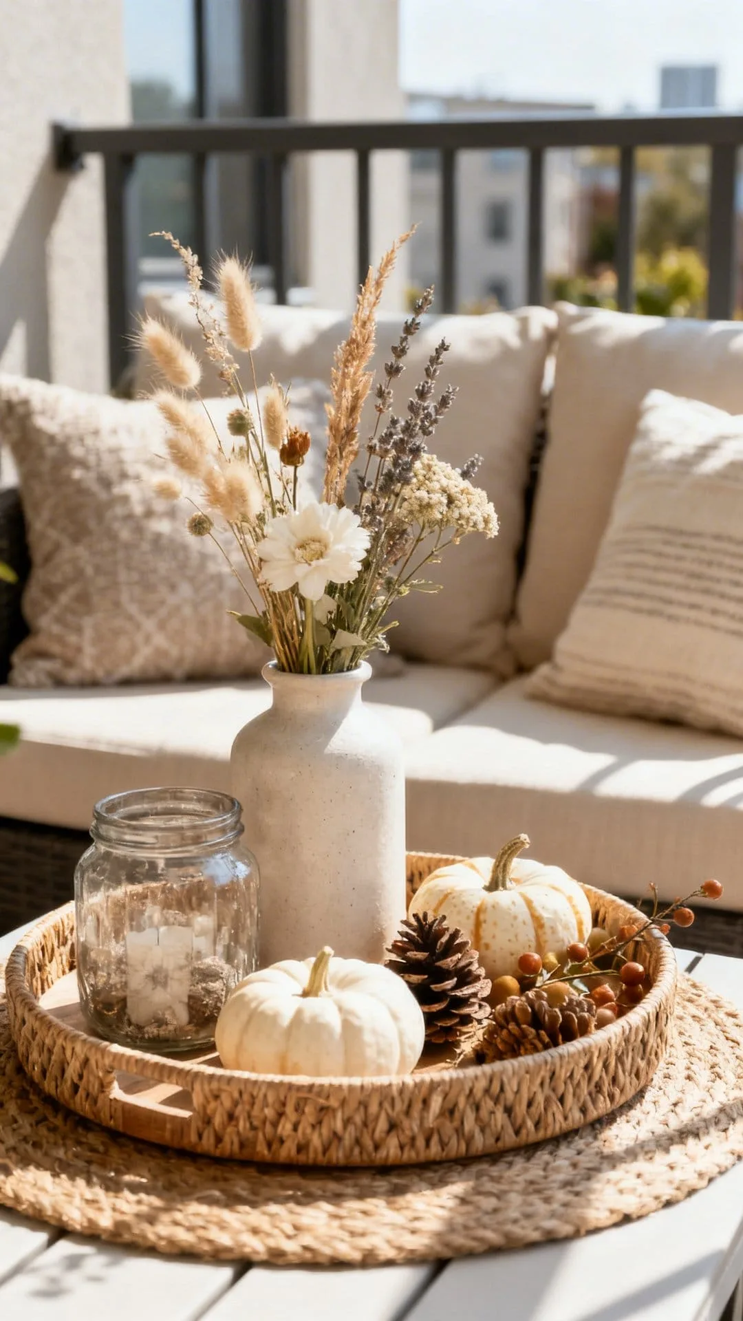 seasonal tray decor on cozy apartment patio