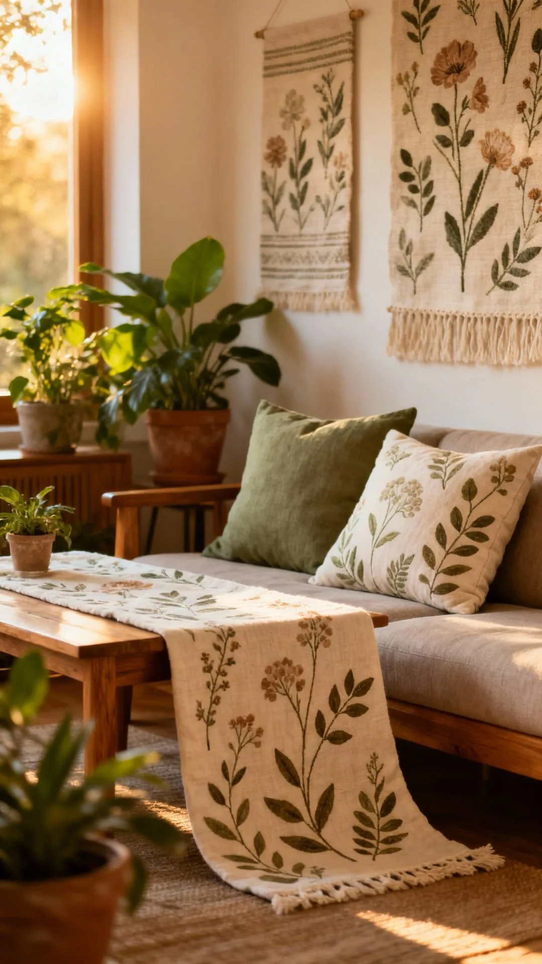 Leaf-motif throw pillows and a runner in soft green and oatmeal tones