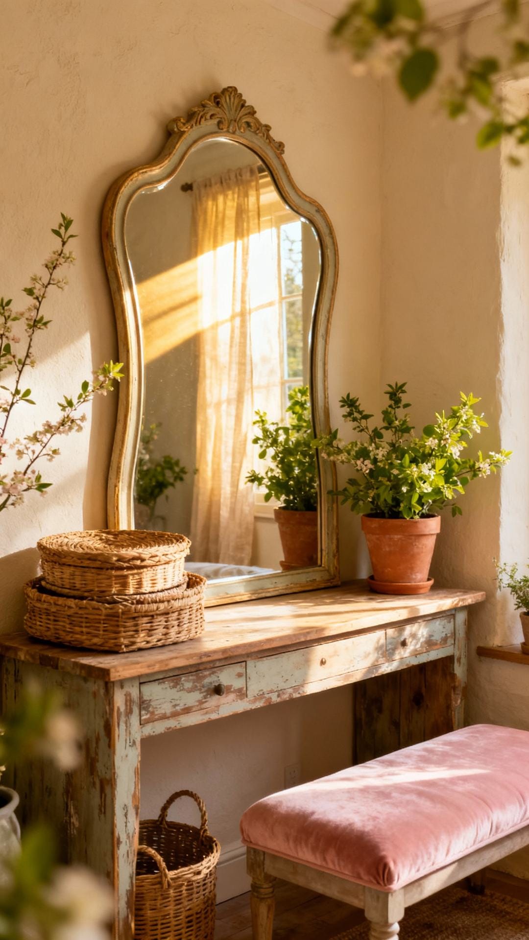 Sunlit Cottage Nook With a Curvy Vintage Mirror