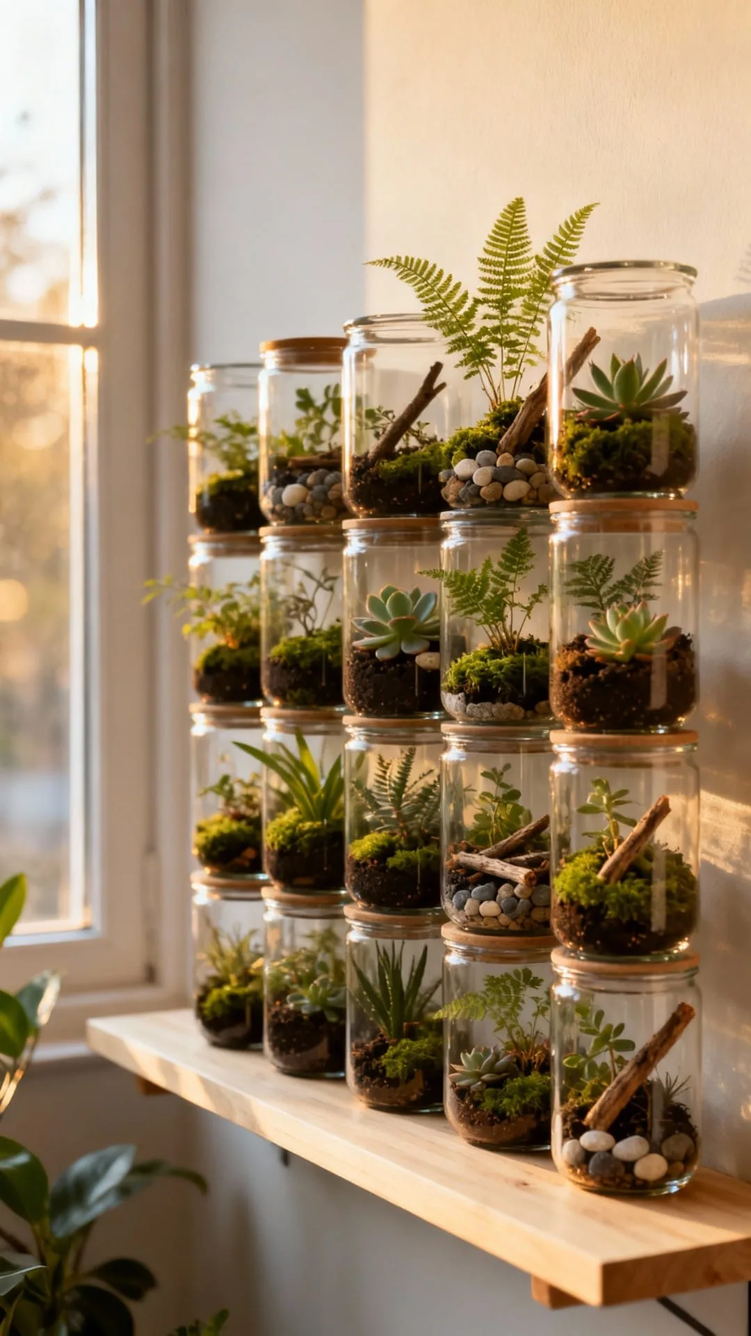 A glass terrarium with layered soil, stones and slow-growing plants