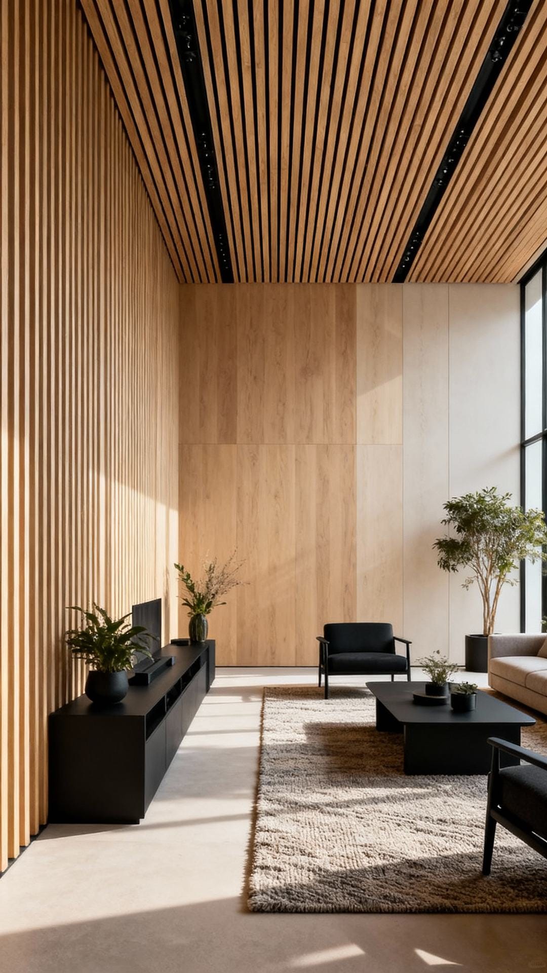 Timber Canopy: Linear Slatted Wood With Black Accents