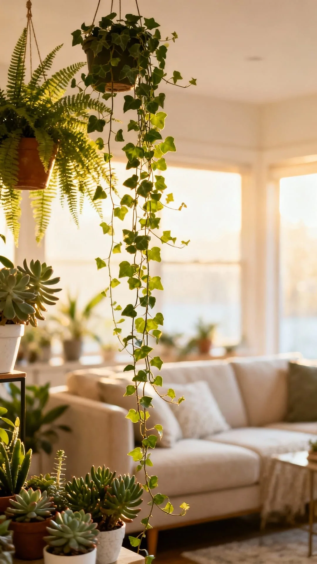 Trailing plants hanging from the ceiling to softly divide an open-plan room
