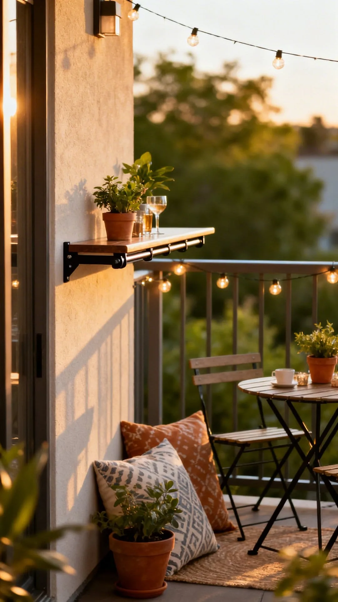 fold-down bar rail saving space on small apartment patio