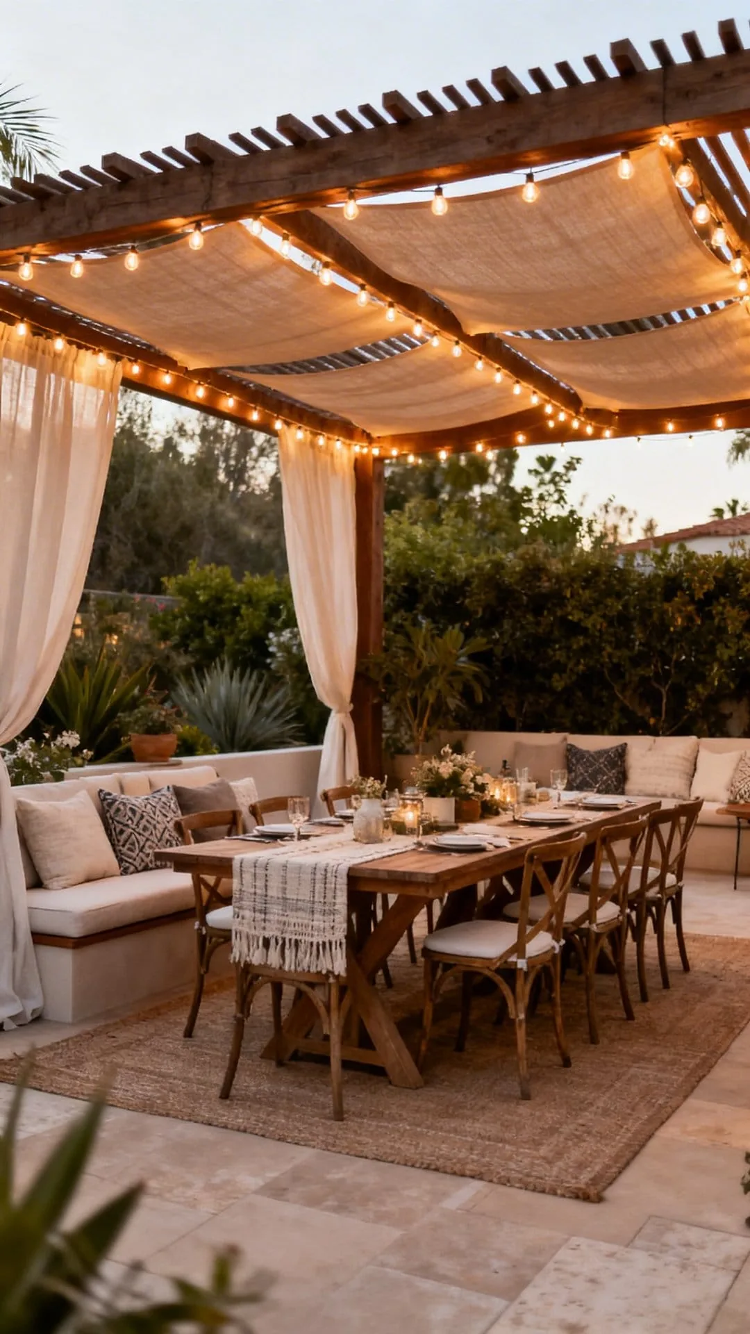 Outdoor dining area under a pergola decorated with string lights, pendant lighting, and lanterns