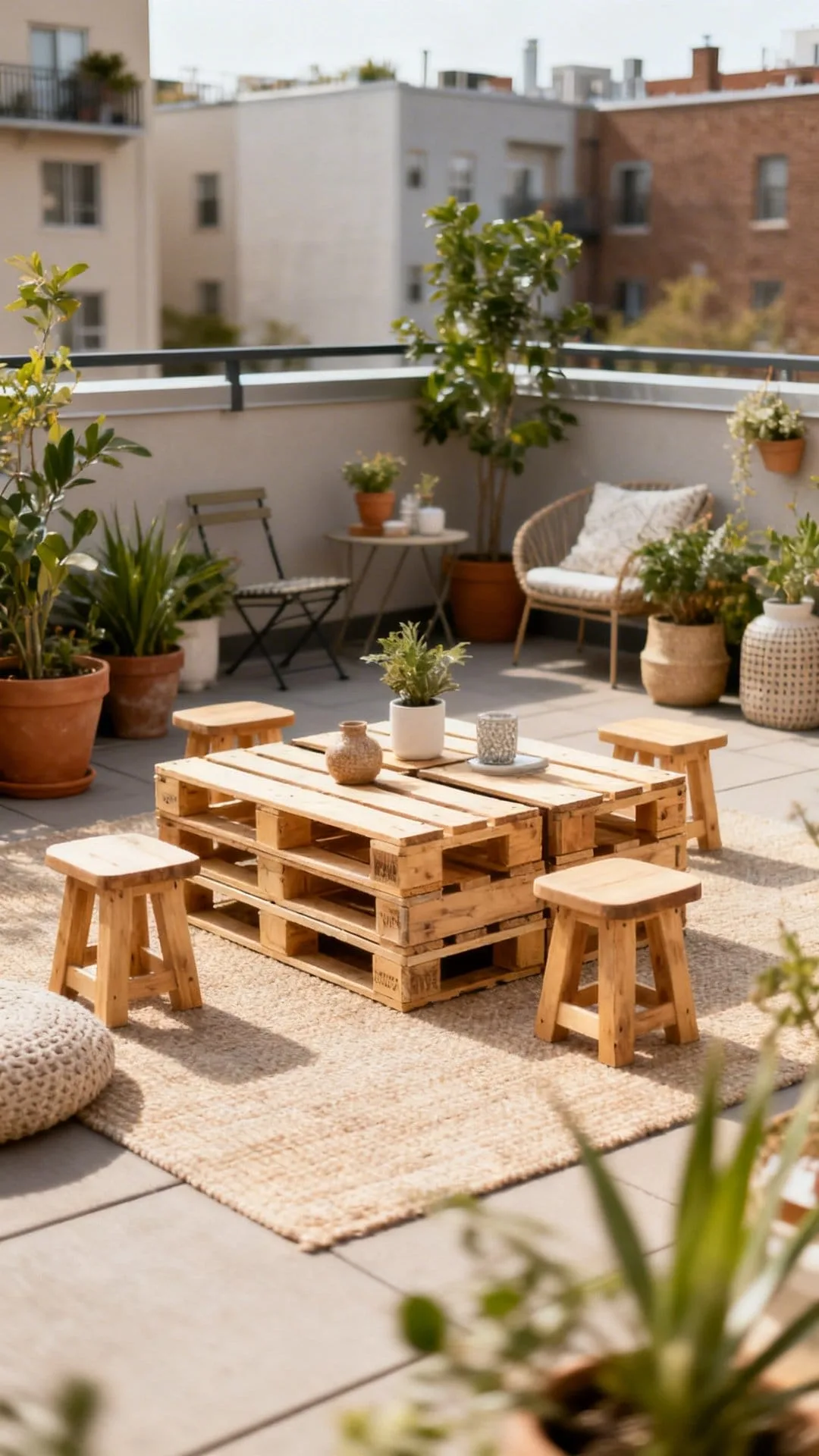 crates used as budget coffee table on apartment balcony