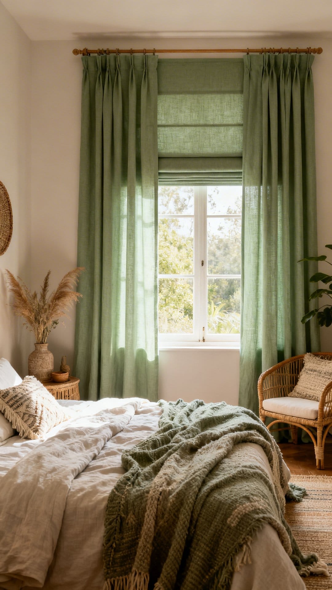 Use Sage Curtains or Roman Shades