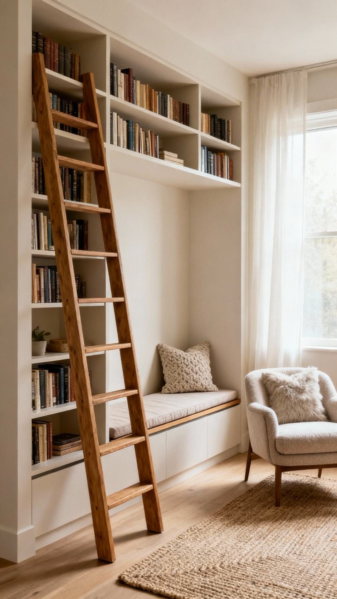 Vertical Library Nook With Ladder and Slim Seating