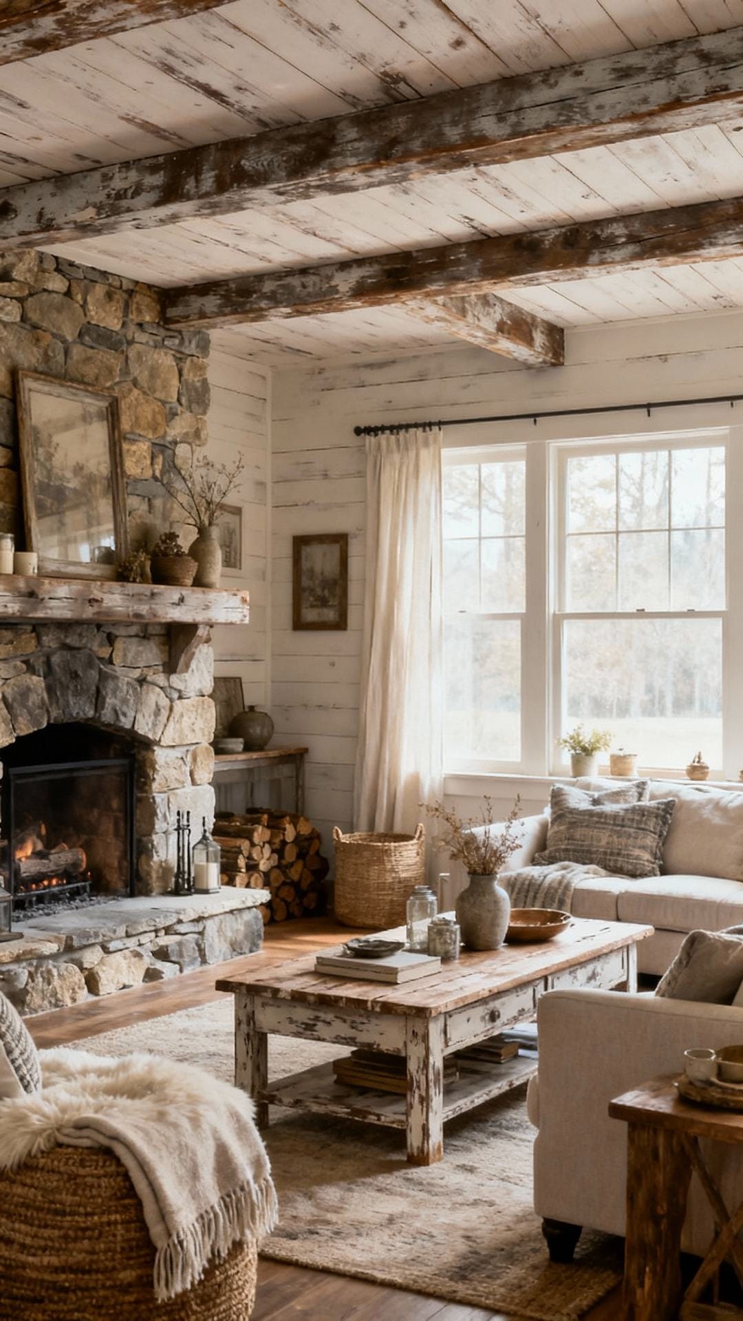 Weathered Wood Haven With Stone Hearth