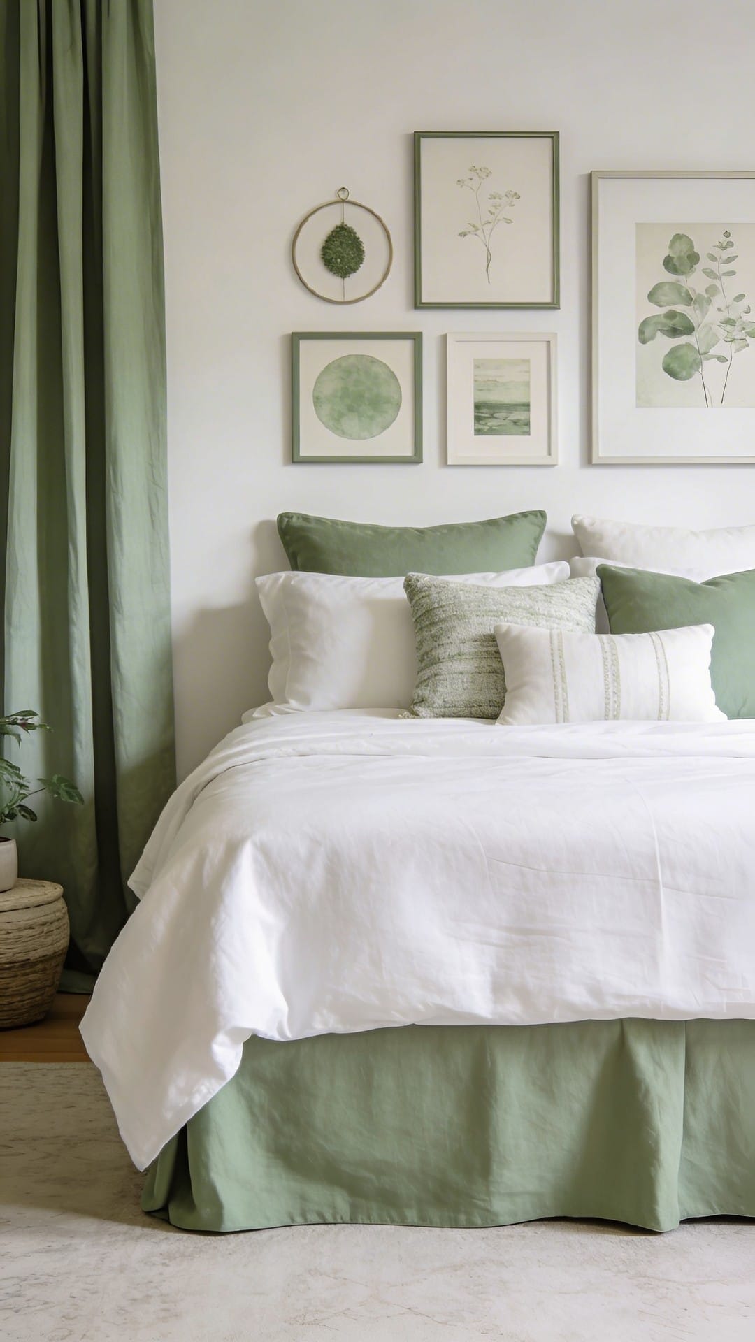 White Bedding, Sage Bed Skirt
