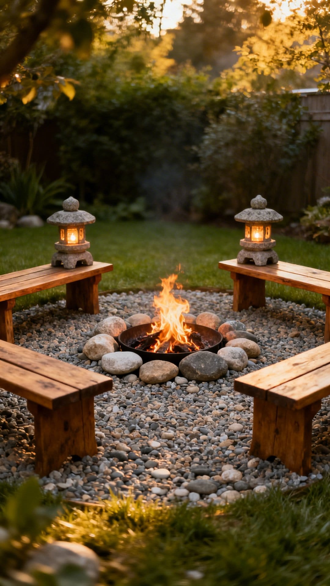 Zen Gravel Ring With Low Benches And Lanterns
